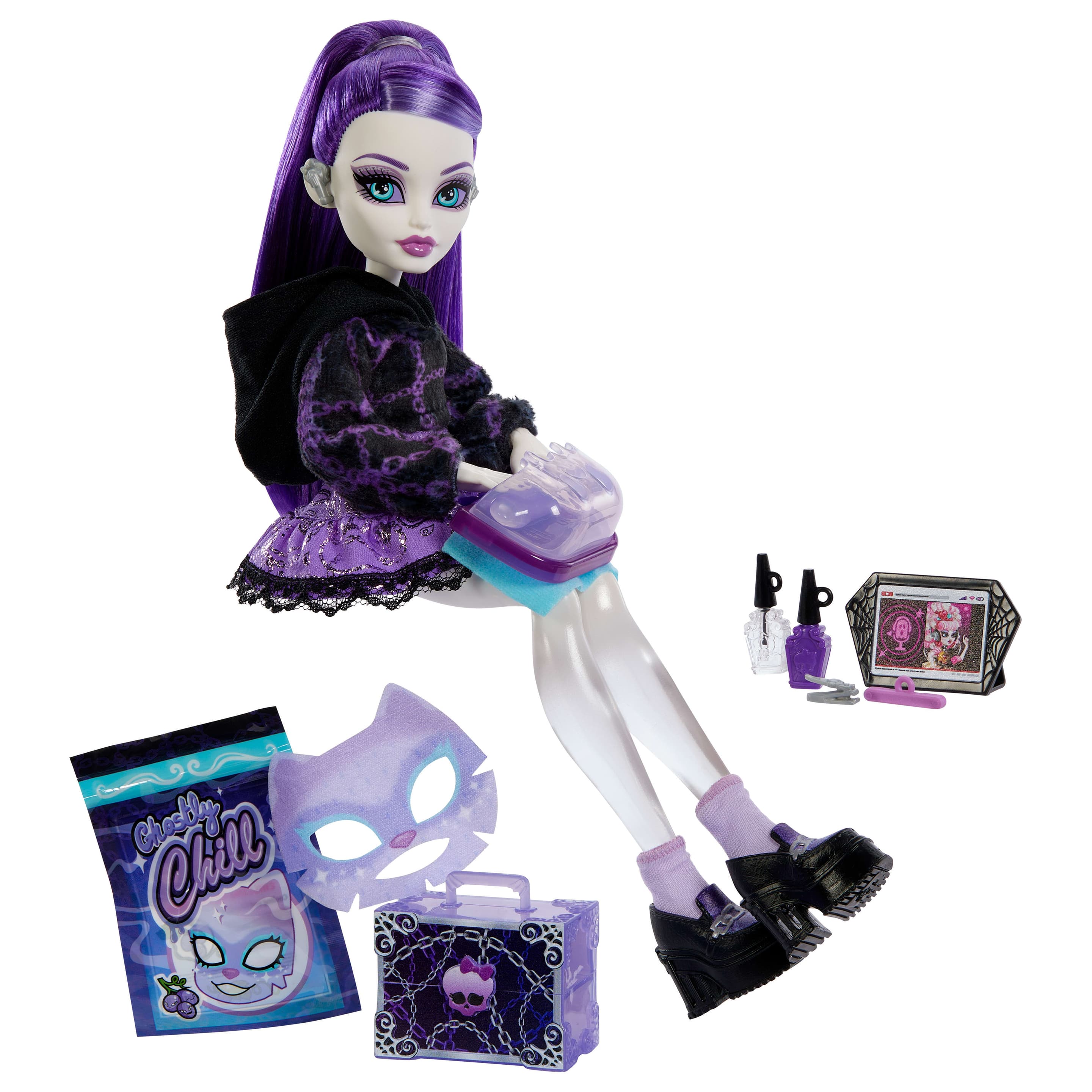 Monster High Self-Scare Secrets Spectra Vondergeist-Modepuppe mit 13 realistischen Zubehörteilen
