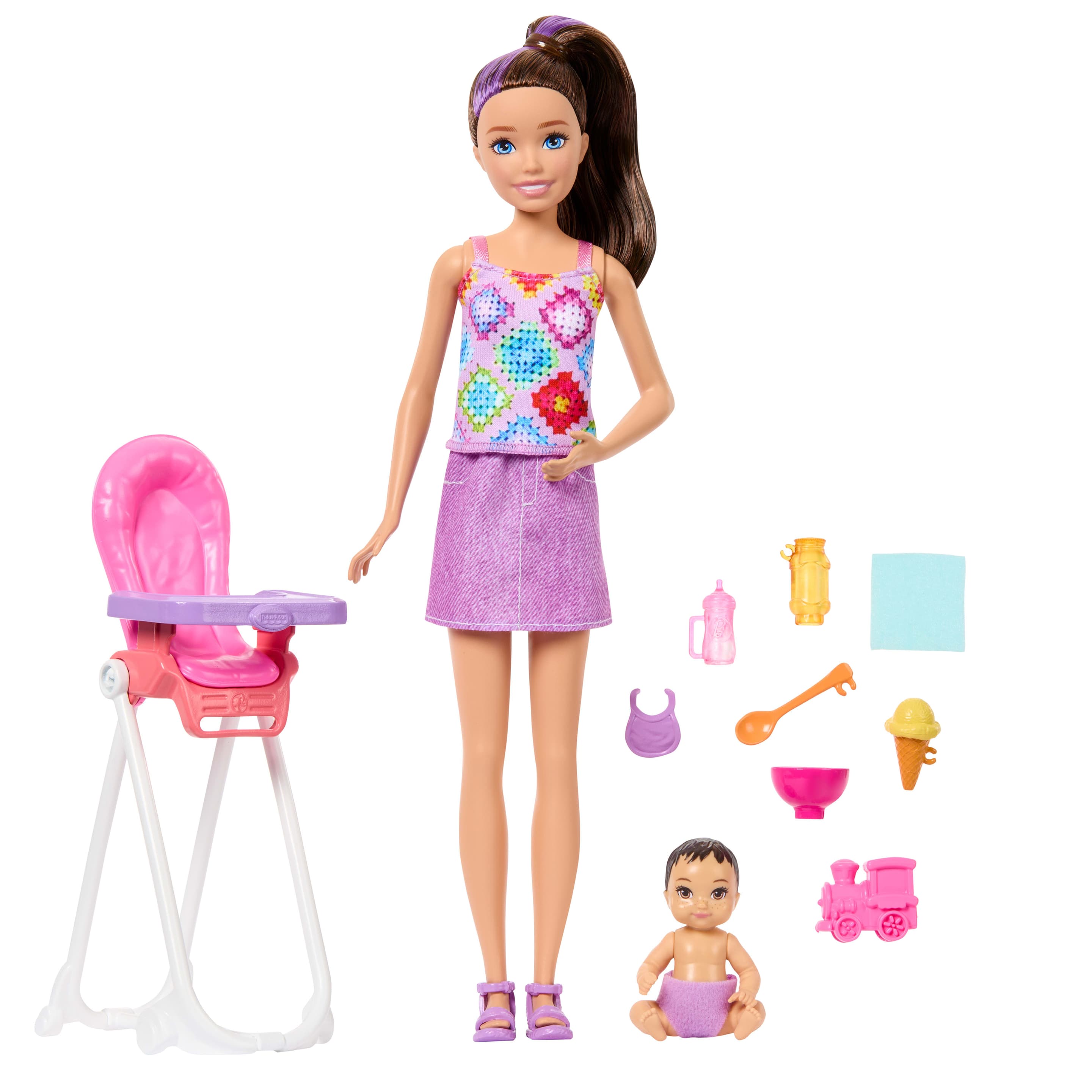 Barbie Skipper Babysitters Inc. Spielset mit Skipper-Puppe, Kleinkind-Puppe, Hochstuhl und 8 Zubehörteilen