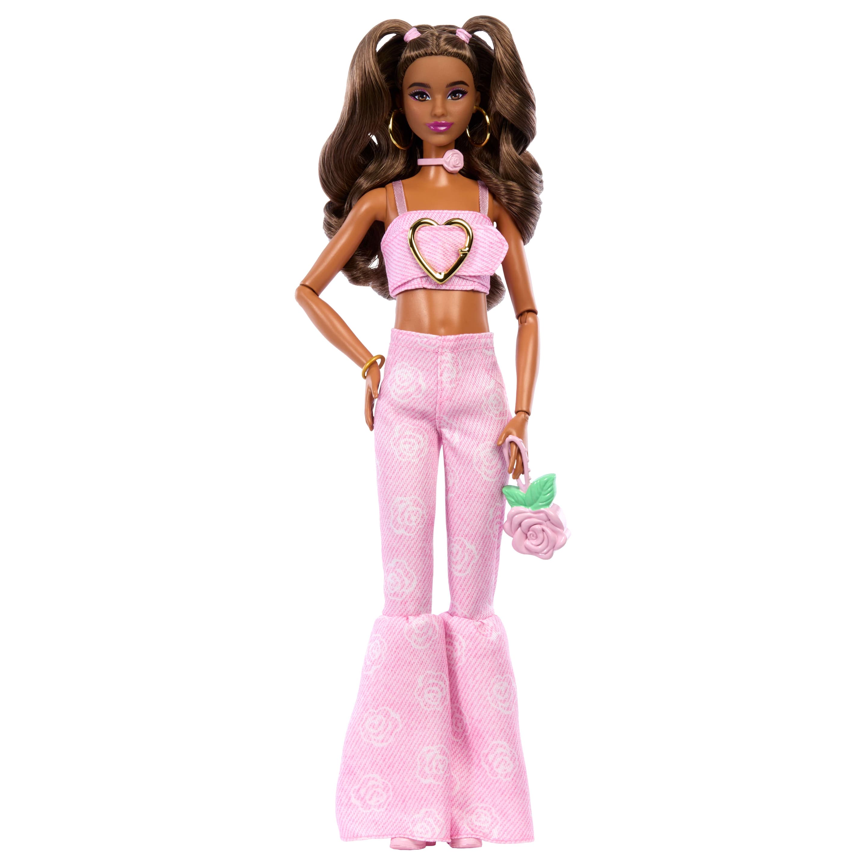 Barbie Deluxe Style Modepuppe Nr. 12 in rosa bauchfreiem Denim-Oberteil und ausgestellten Jeans, brünett