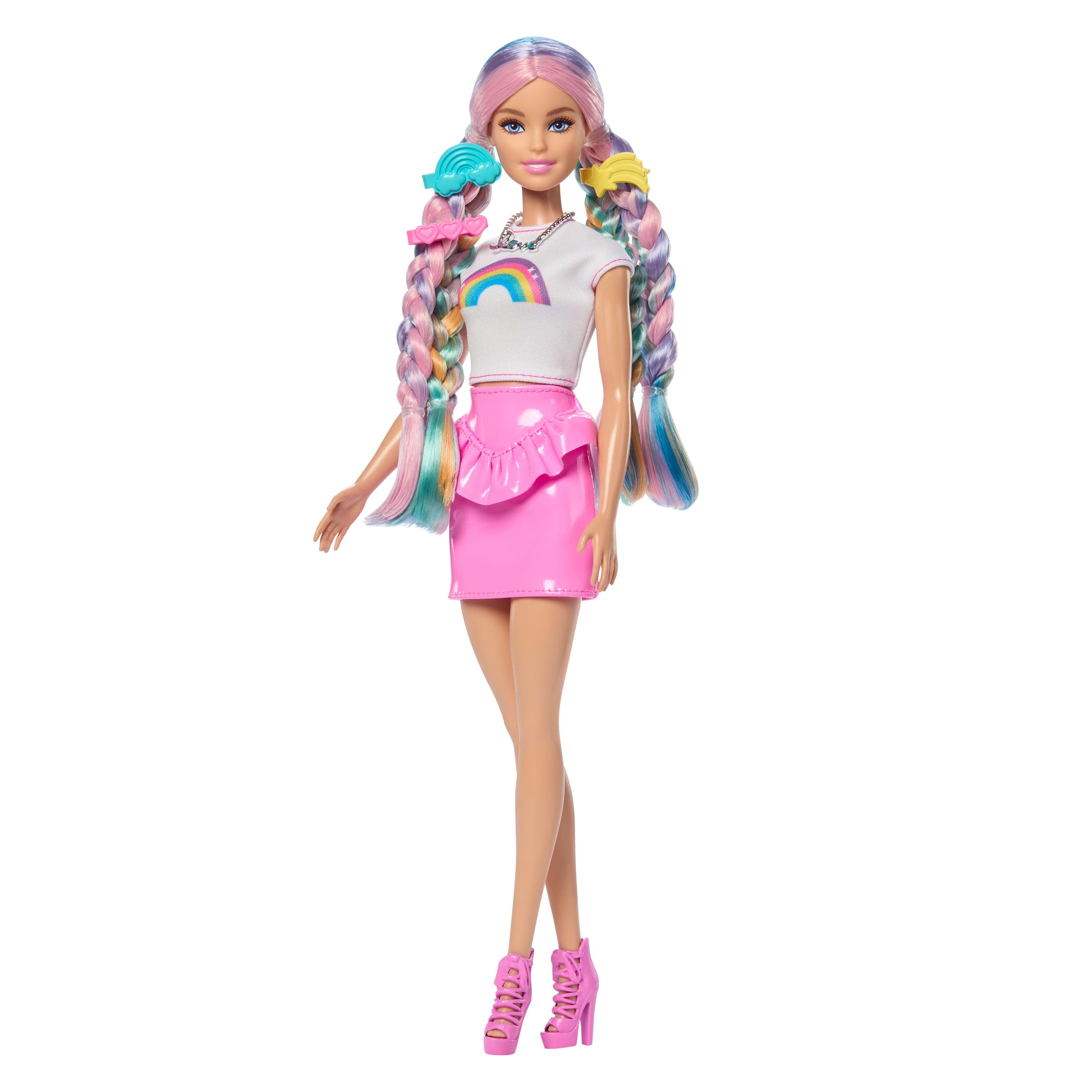 Barbie Regenbogen Glitzerhaar Modepuppe mit besonders langen Haaren und 12 Styling-Zubehörteilen