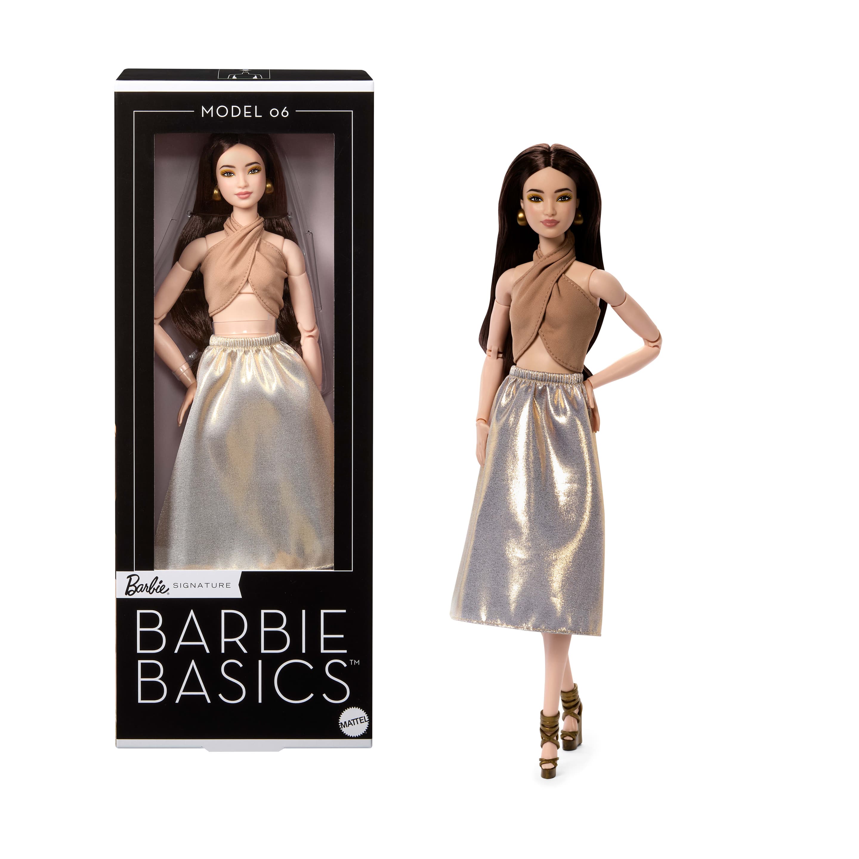 Barbie Basics-Sammelpuppe, Modell 7 mit blondem Haar, weißer Hose mit goldenem Print