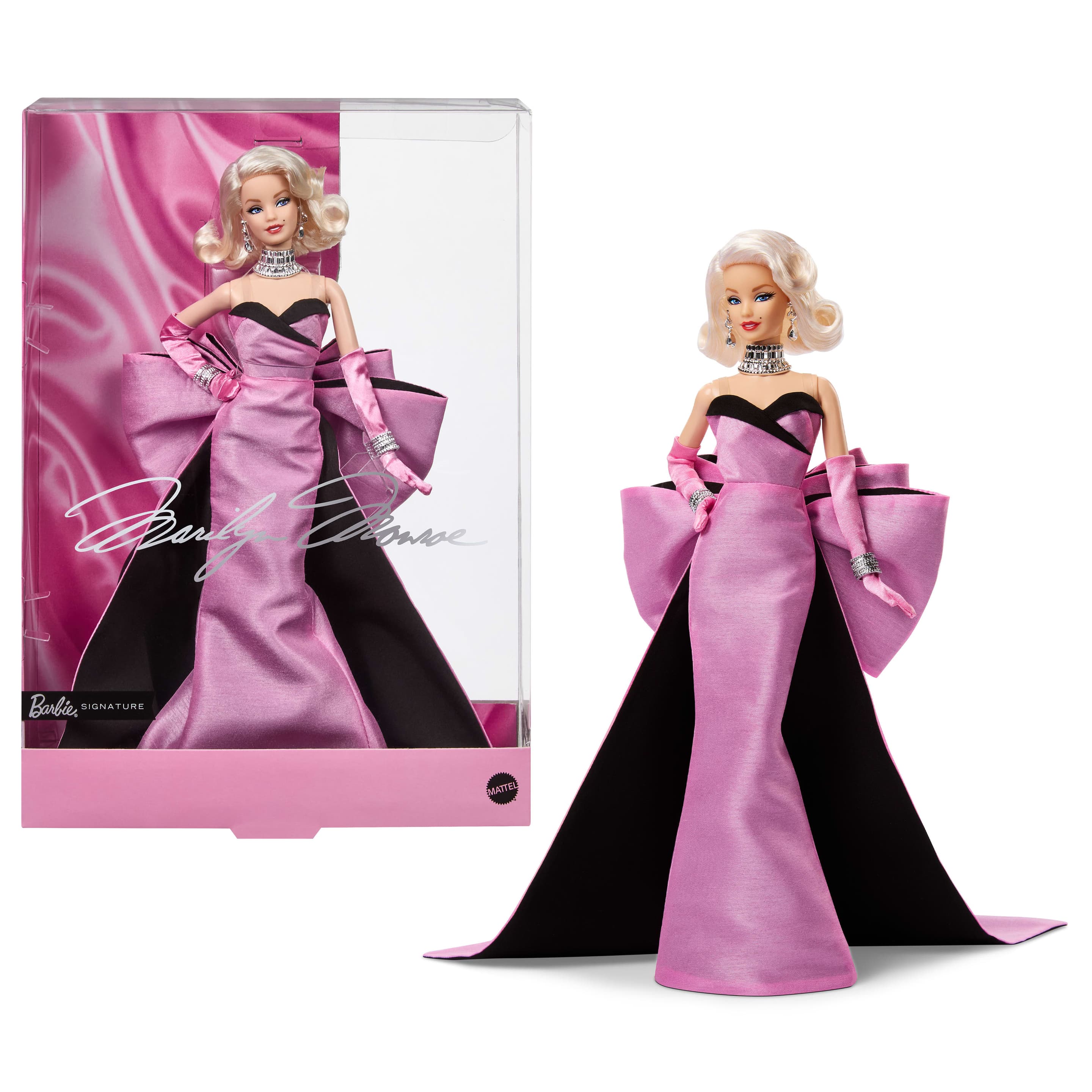 Marilyn Monroe Barbie Signature-Sammelpuppe in legendärem pinken Kleid aus dem Film mit „Diamanten“-Schmuck