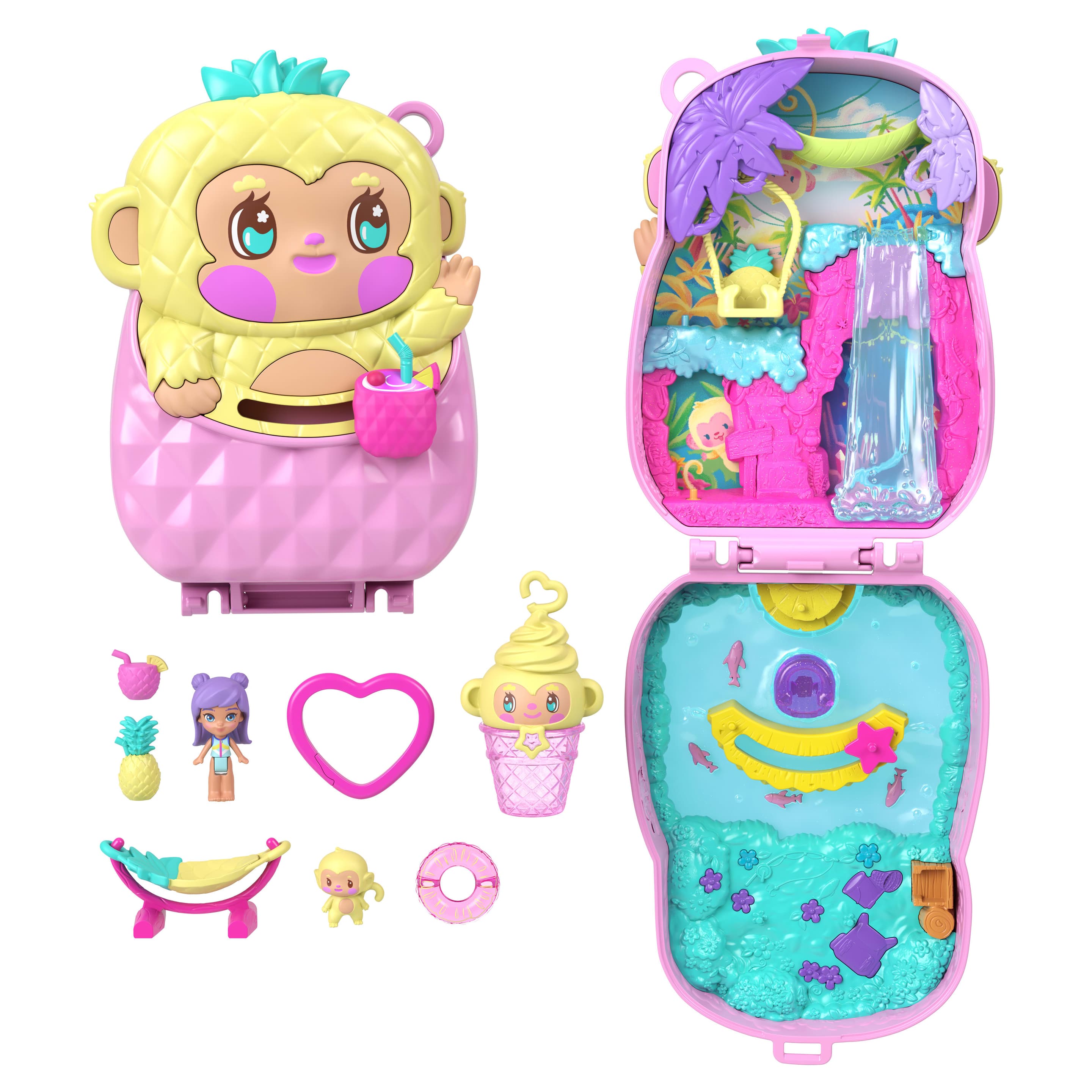 Polly Pocket Ananas-Äffchen-Schatulle, Spielset mit 1 Mikropuppe und Haustier, Spielzeug für unterwegs mit Obst-Zubehörteilen