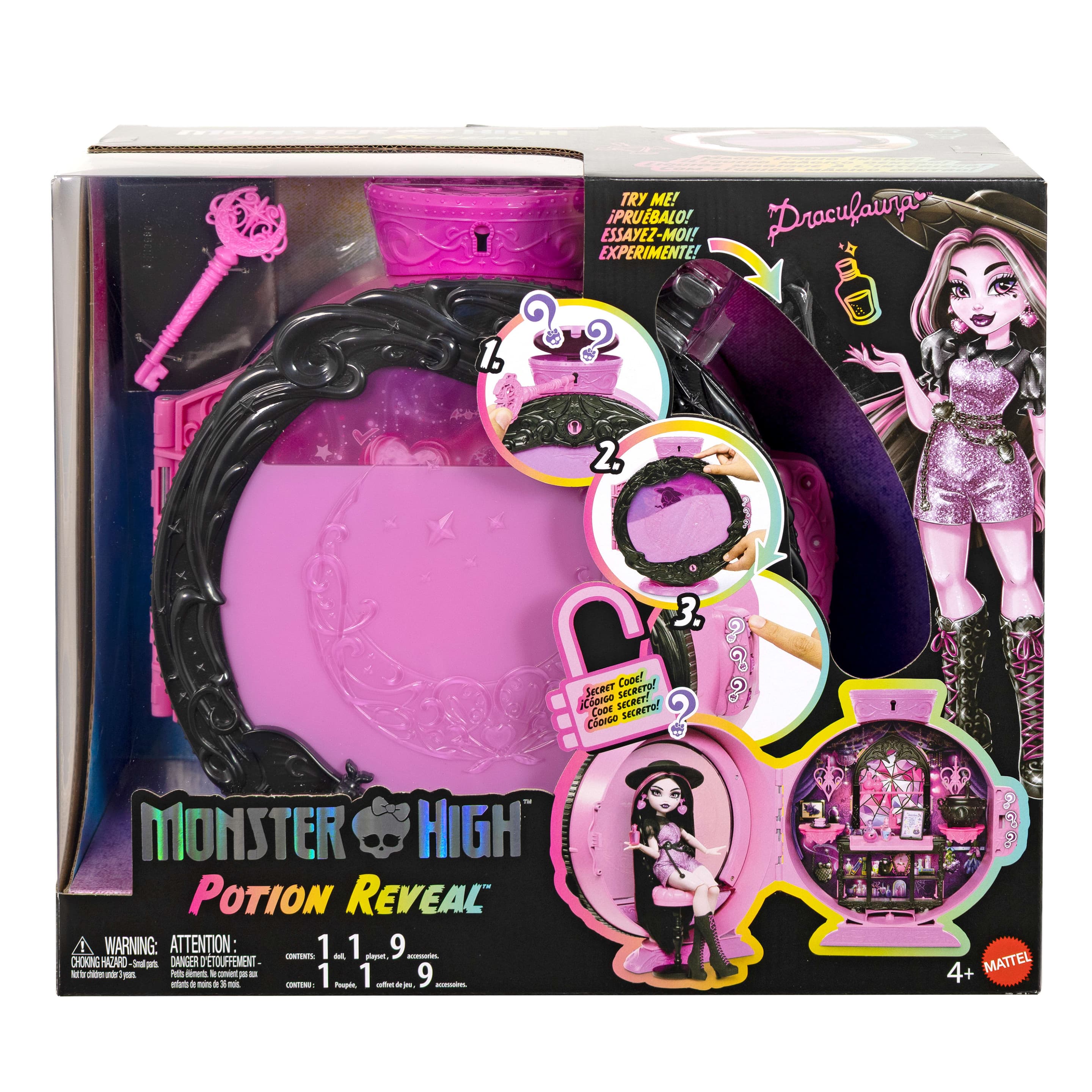 Monster High Zaubertrank-Überraschung Spielset mit Draculaura-Puppe und 9 Zubehörteilen, Auspack-Erlebnis mit Geheimcode