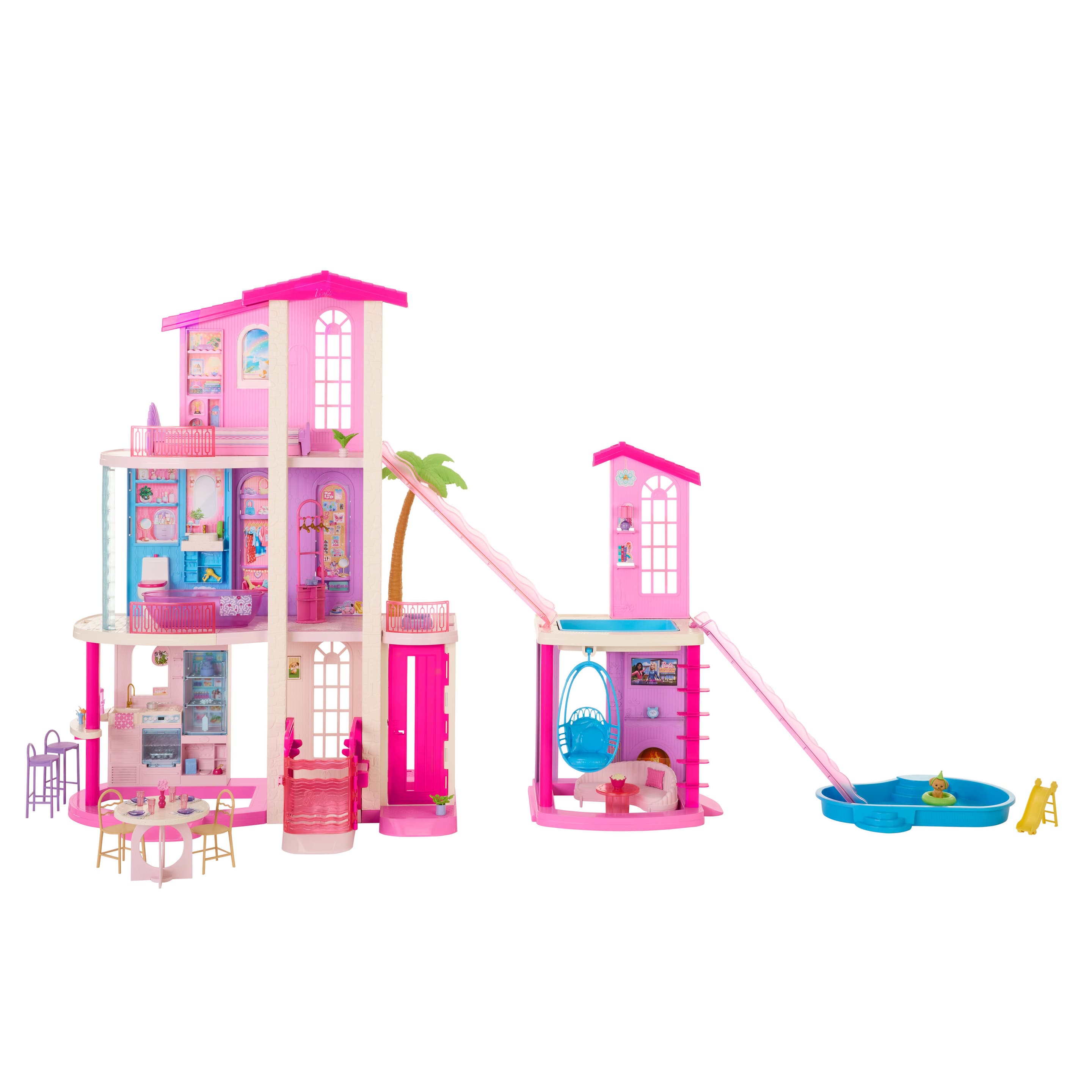 Barbie-Traumvilla-Puppenhaus, 2 Pools, 2 Rutschen, 2 Häuser, Aufzug für alle drei Etagen und 65+ Zubehörteile