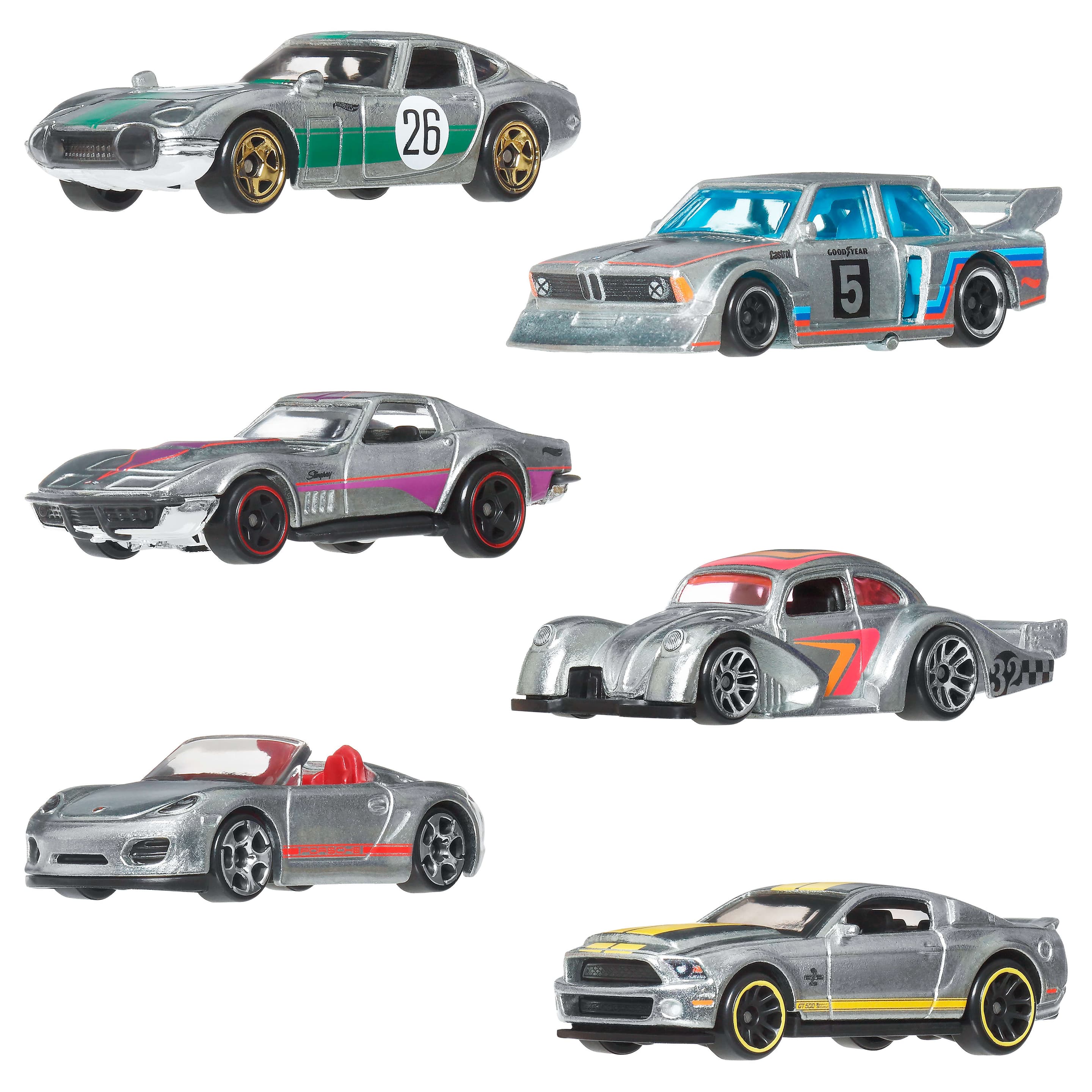 Hot Wheels Die-Cast-Spielzeugautos im Maßstab 1:64, Set mit 6 Zamac-Fahrzeugen