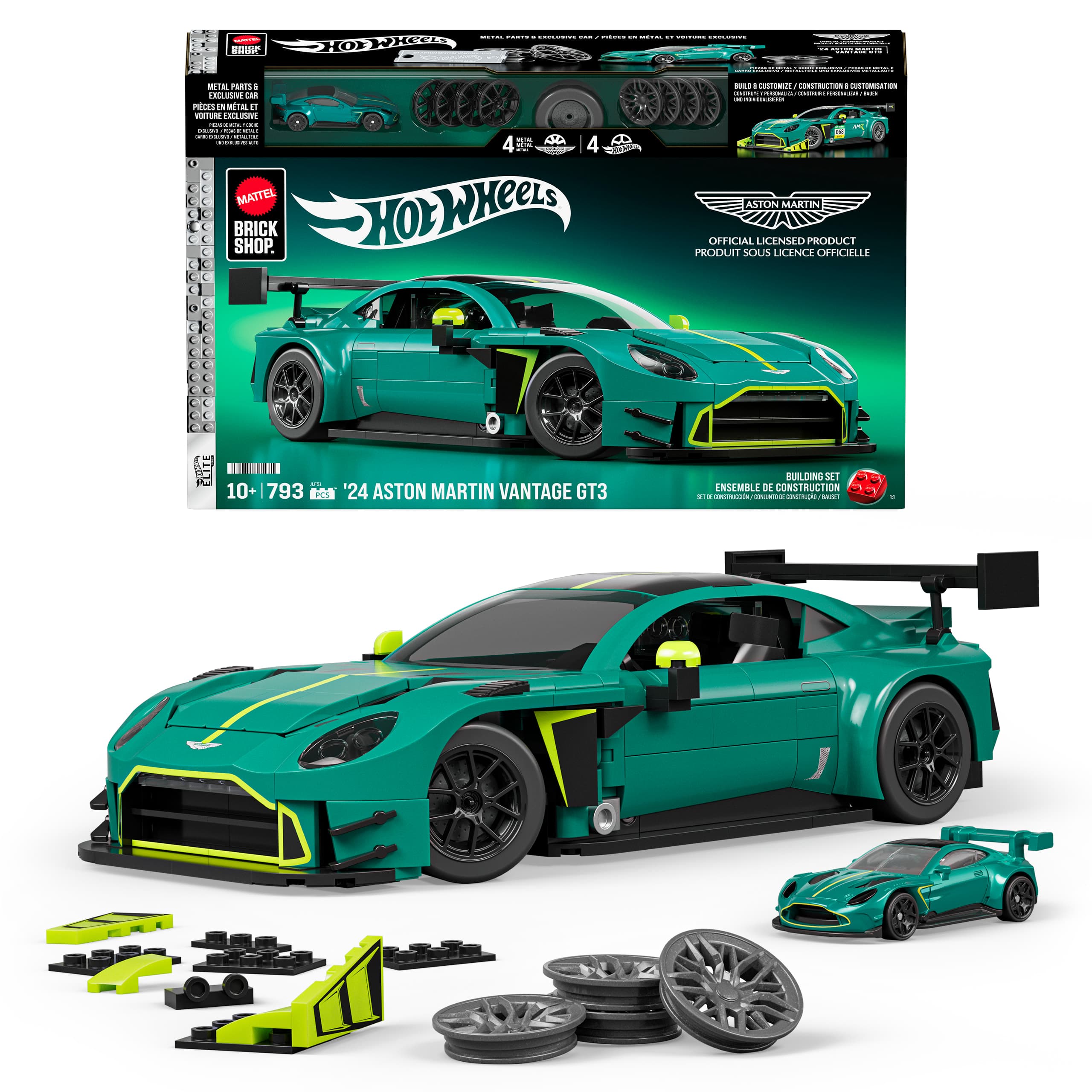 Mattel Brick Shop Hot Wheels '24 Aston Martin Vantage GT3 Bauspielzeugset (793 Teile), für Sammler