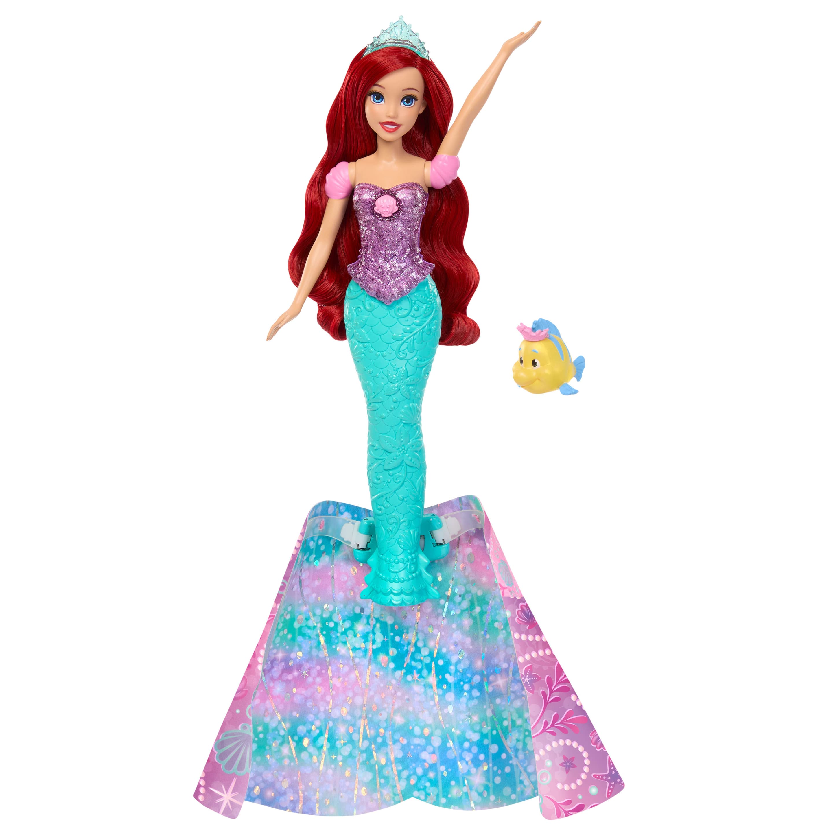 Disney Princess Arielle, von Mensch zu Meerjungfrau verwandelbare Modepuppe mit Fabius und 2 Zubehörteilen