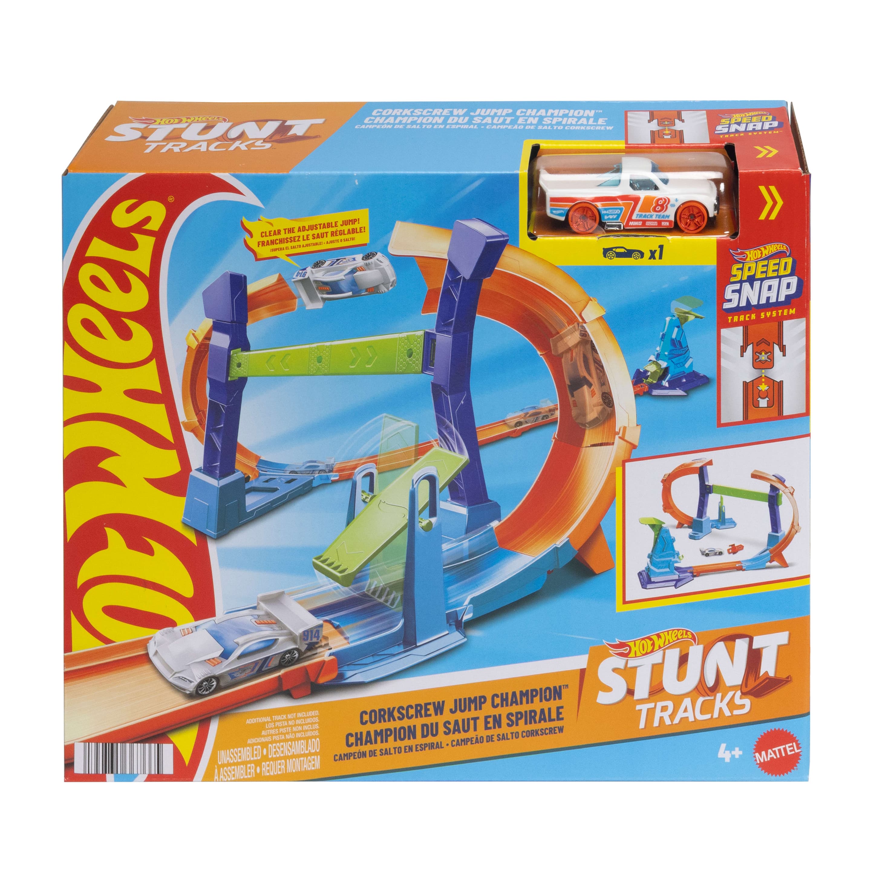 Hot Wheels Stunttracks Sprung durch die Spirale Trackset und Spielzeugauto im Maßstab 1:64, Track-Schnellstecksystem