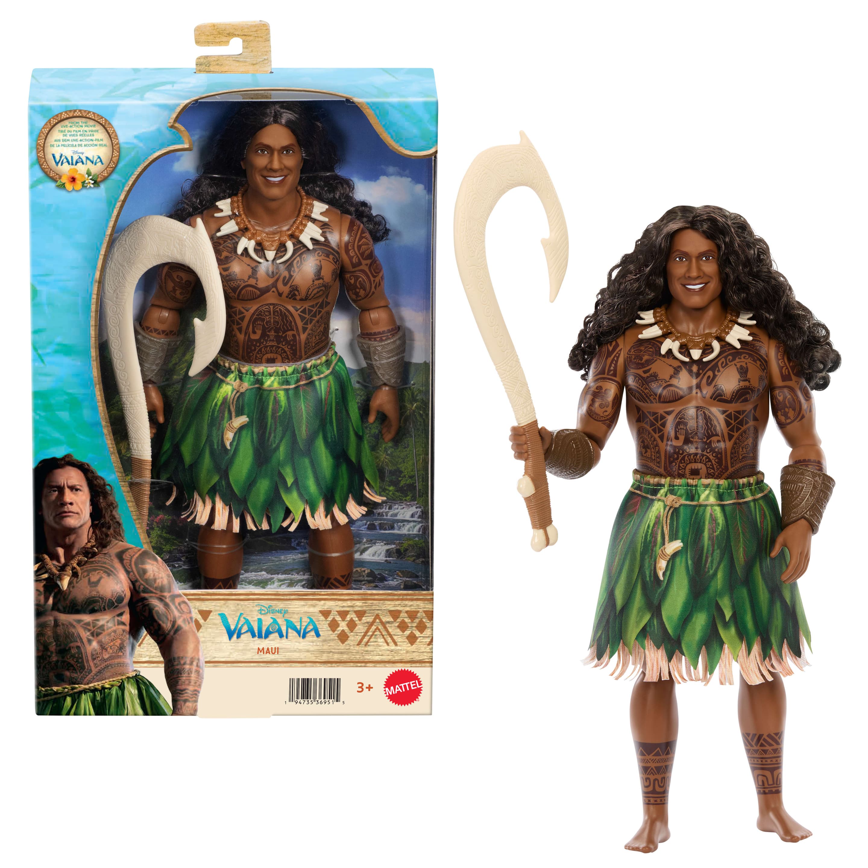 Mattel Disney Vaiana Maui-Puppe mit abnehmbarer Kleidung und 4 Zubehörteilen, vom Live-Action-Film inspiriert