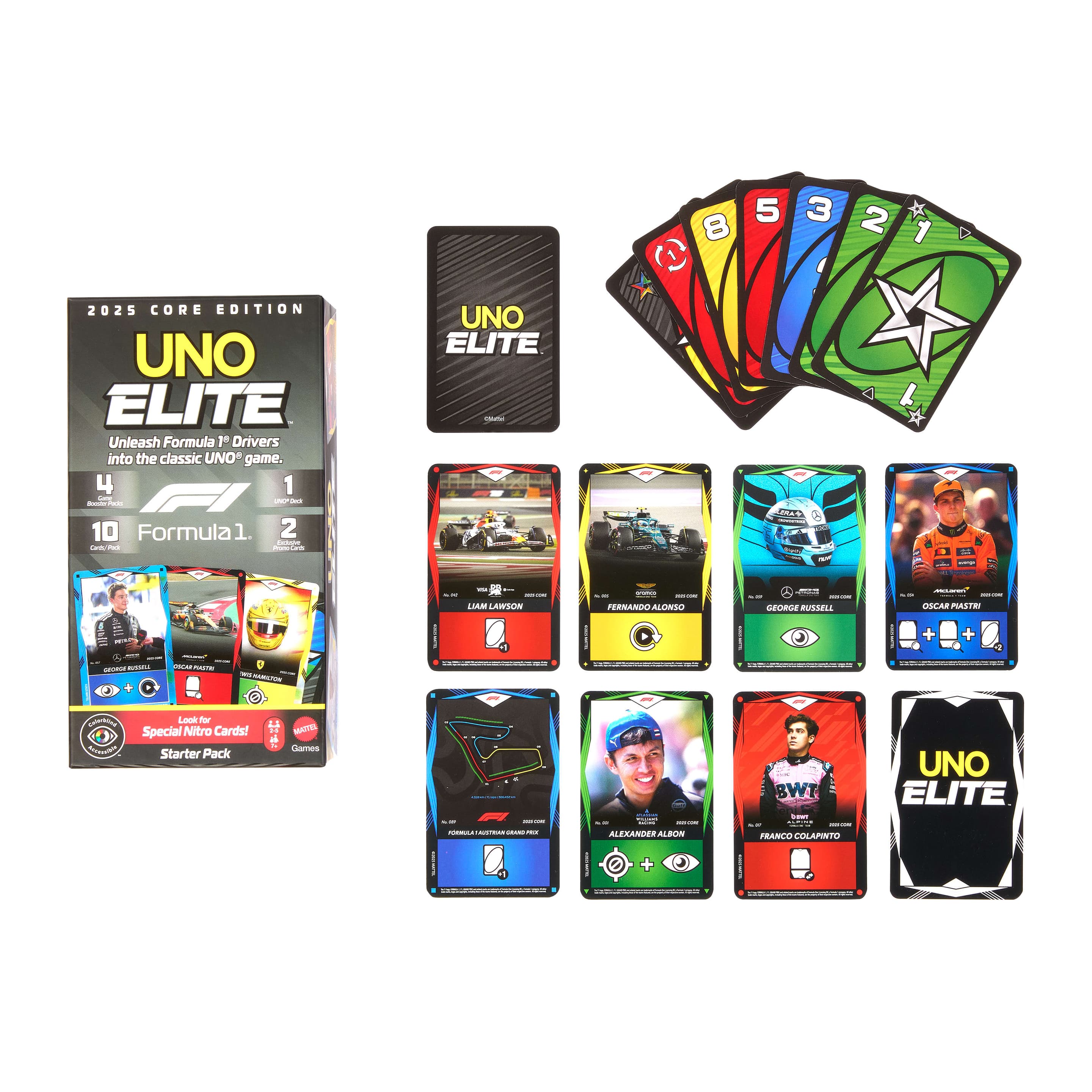 UNO Elite Formel 1 2025 Core Edition Kartenspiel-Starterset mit 4 Erweiterungssets und 2 Promo-Karten