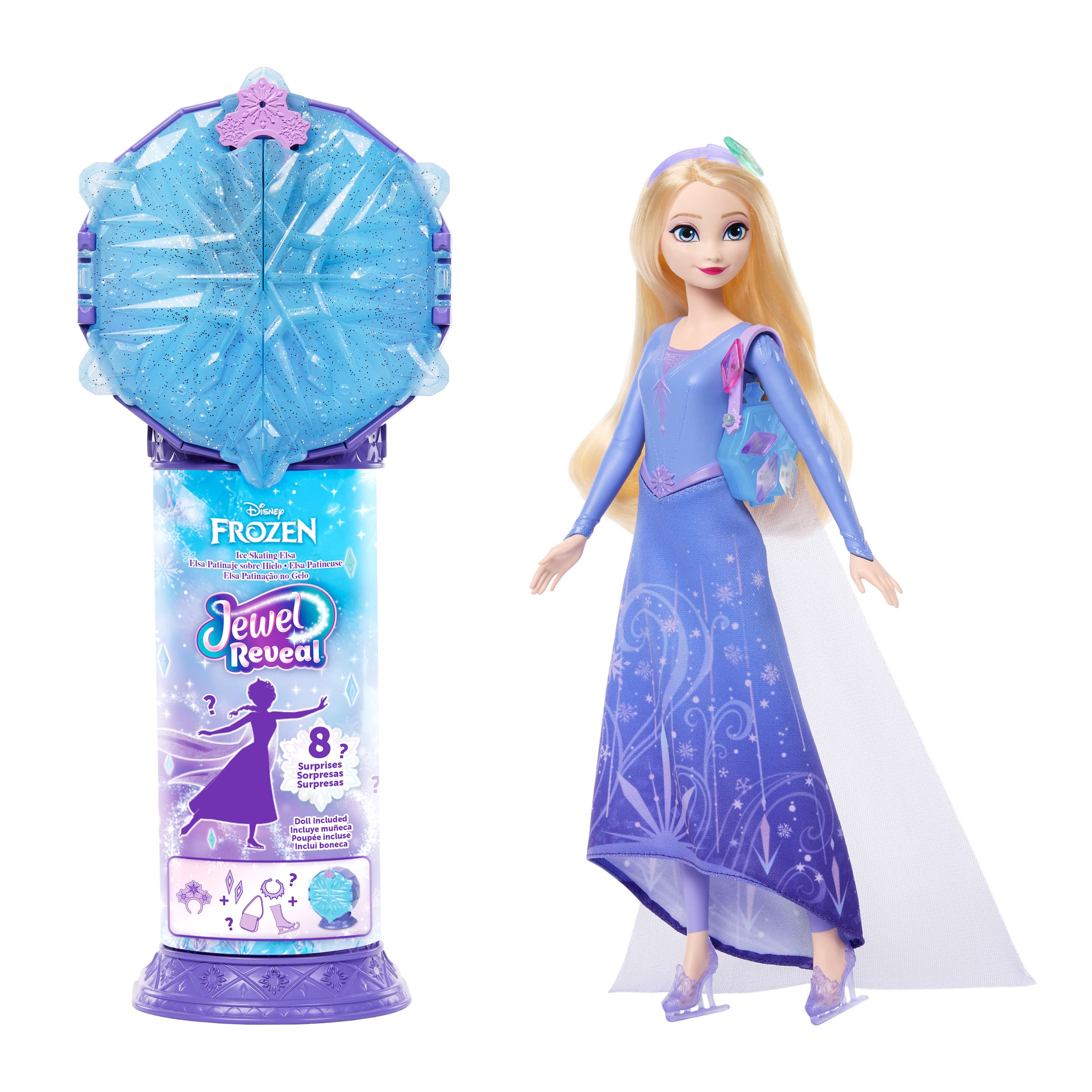 Disney Die Eiskönigin Jewel Reveal Eisläuferin Elsa Modepuppe mit 8 Überraschungen wie Juwelenbox und Zubehörteilen