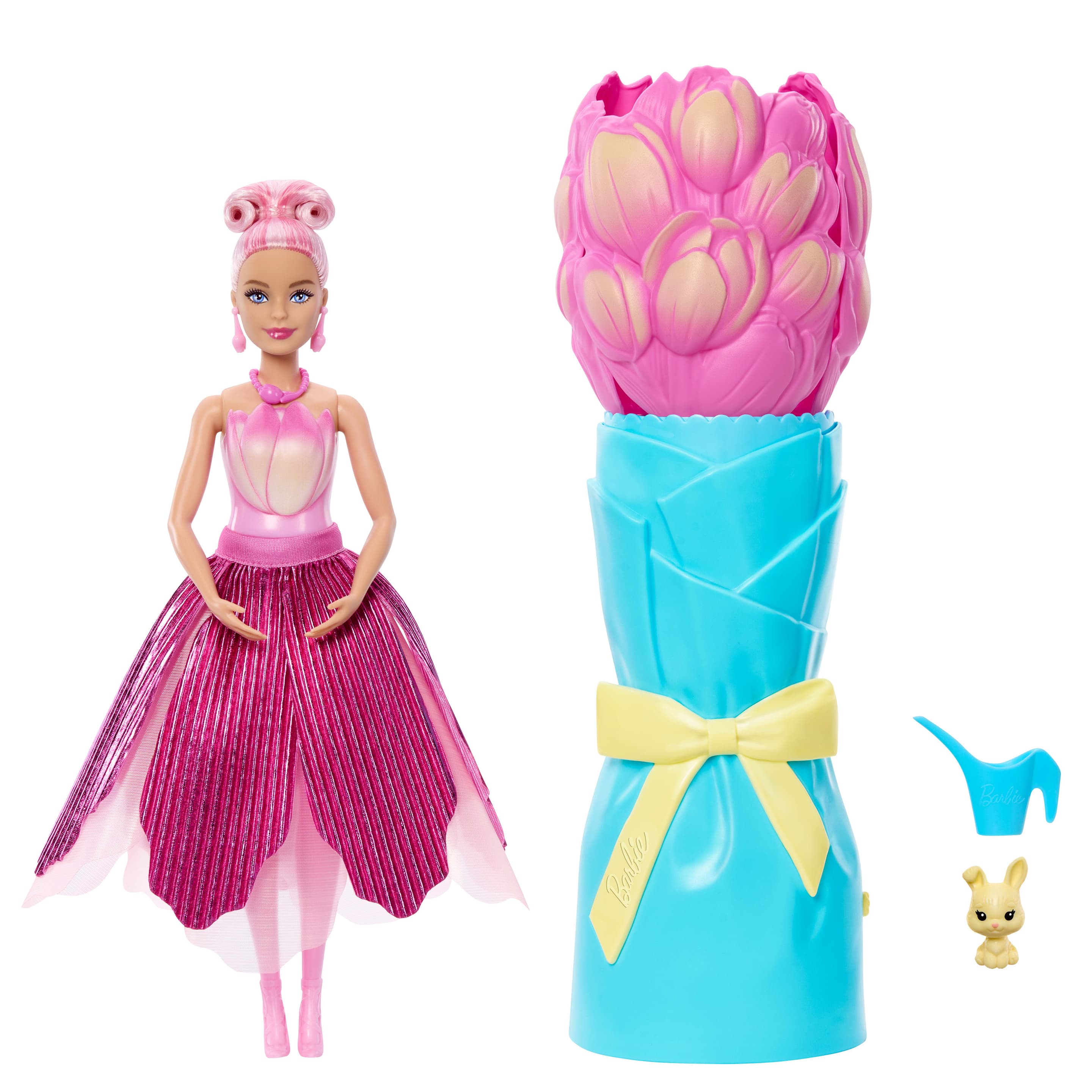 Duftende Barbie Petal Pop Modepuppe mit rosa Tulpenkleid, Überraschungs-Zubehörteilen wie ein Häschen und mehr