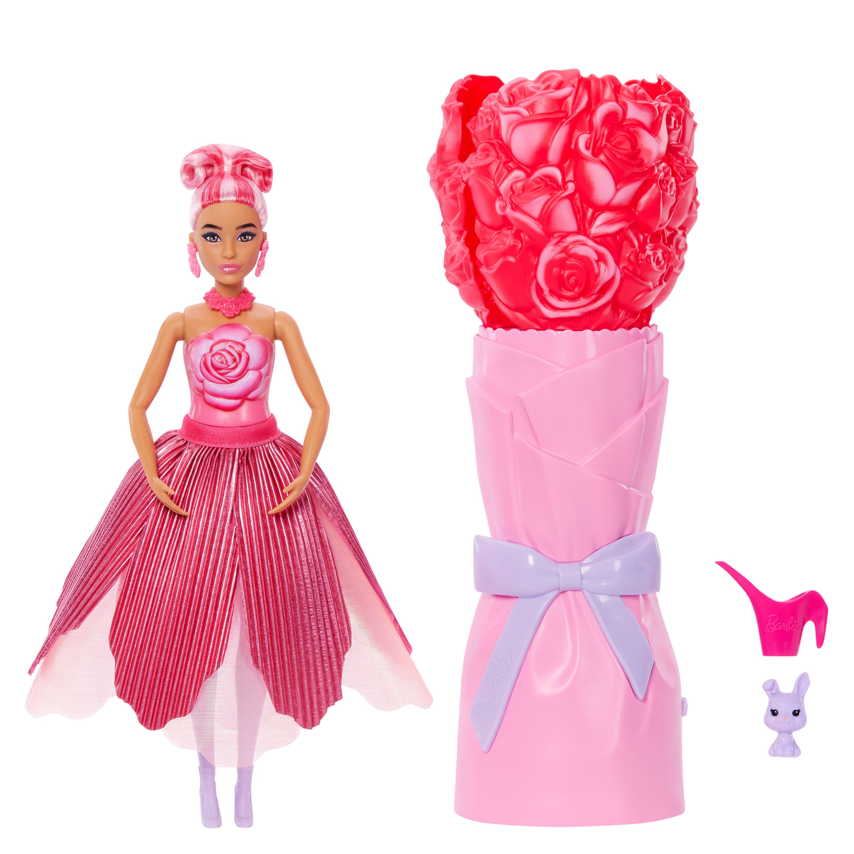 Duftende Barbie Petal Pop Modepuppe mit Rosenkleid, Überraschungs-Zubehörteilen wie ein Häschen und vieles mehr