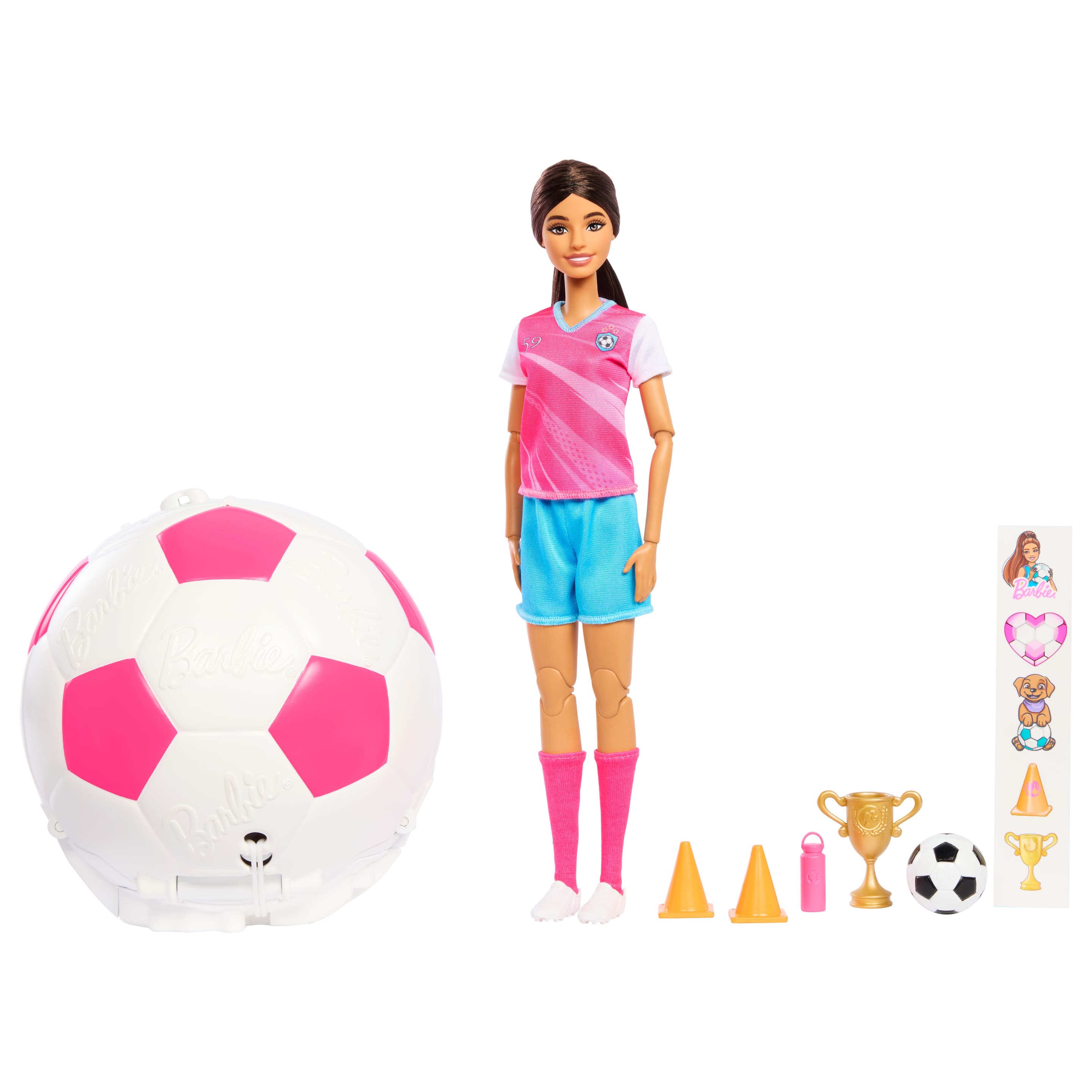 Barbie Team Barbie Roll & Reveal Fußballspielerin-Puppe und Zubehörteile mit brünetter Modepuppe und 8 Überraschungen