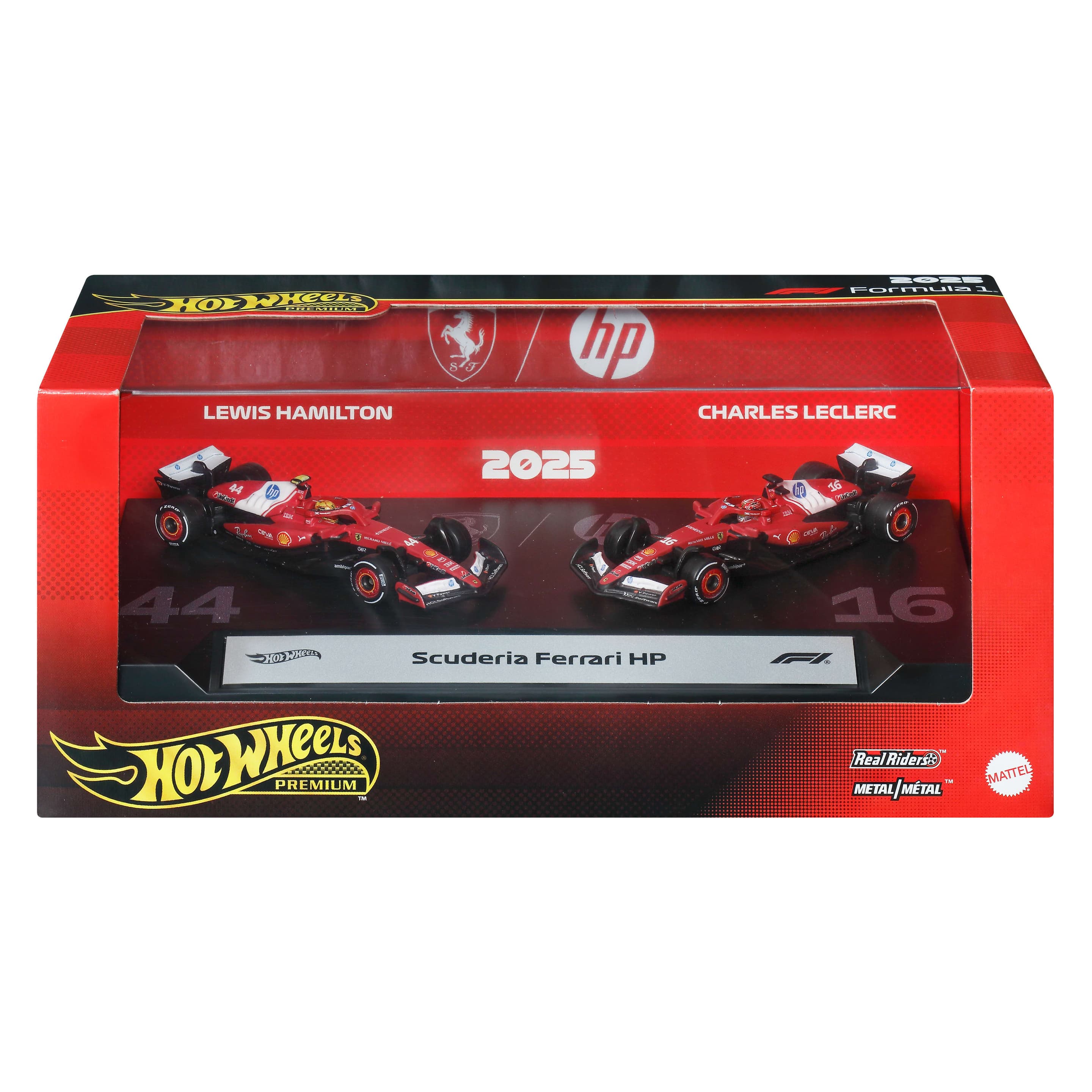 Hot Wheels Premium Formel 1 2er-Pack, Scuderia Ferrari HP-Autos von Lewis Hamilton und Charles Leclerc