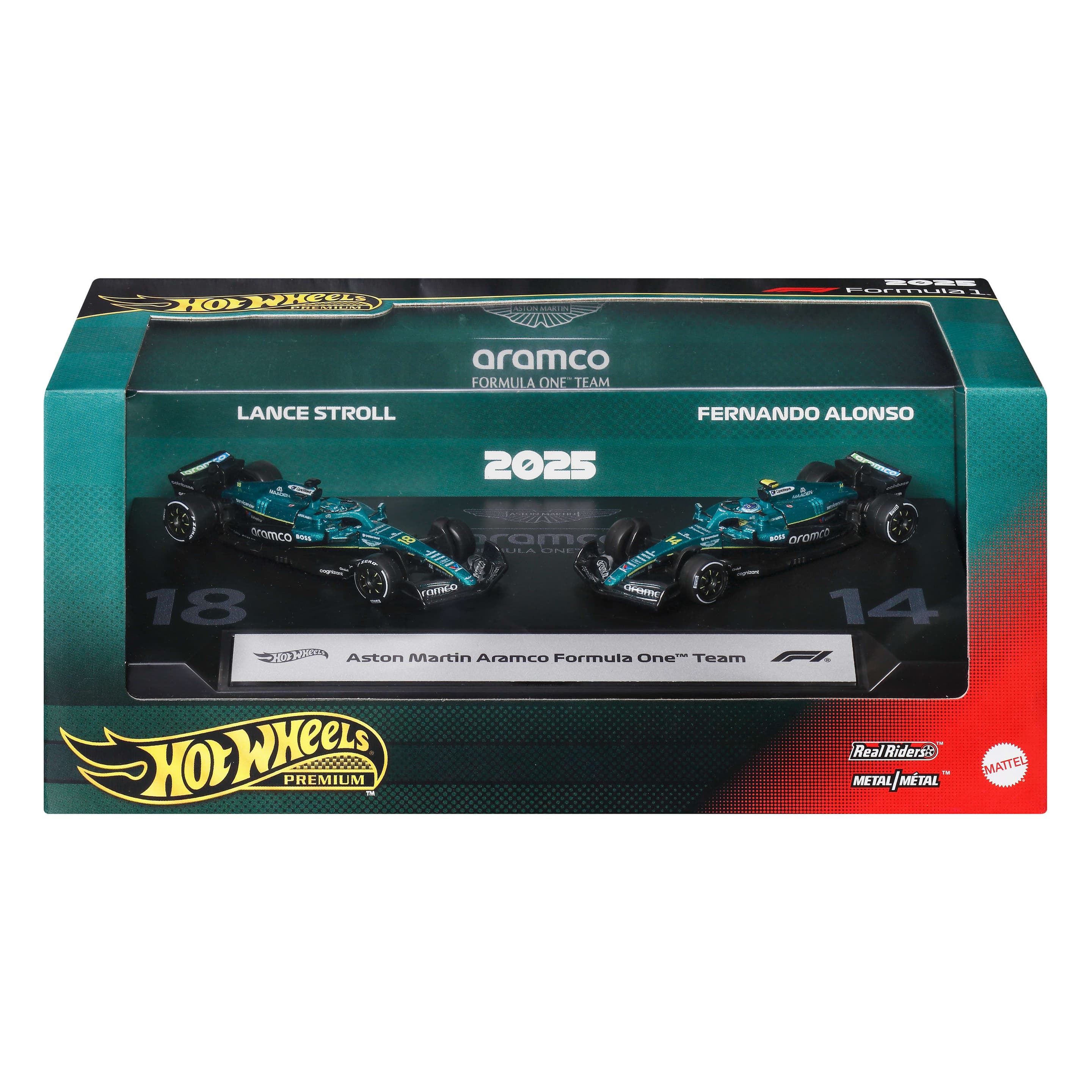 Hot Wheels Premium Aston Martin Aramco Formula One Team 2er-Pack mit Rennwagen von Stroll und Alonso