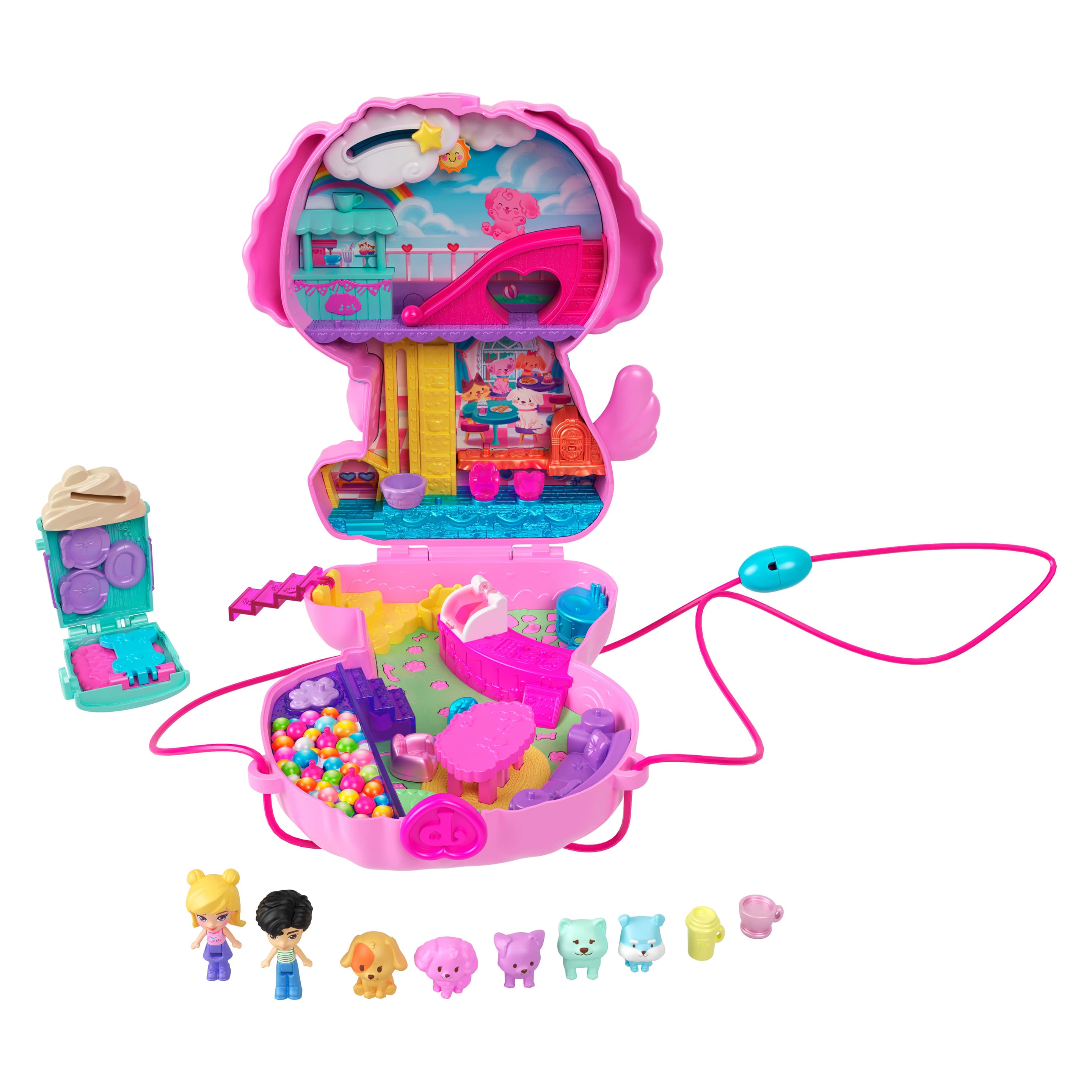 Polly Pocket Hündchen-Café-Handtaschen-Spielset, tragbare Schatullen mit 2 Puppen und 7 Zubehörteilen inklusive Tieren