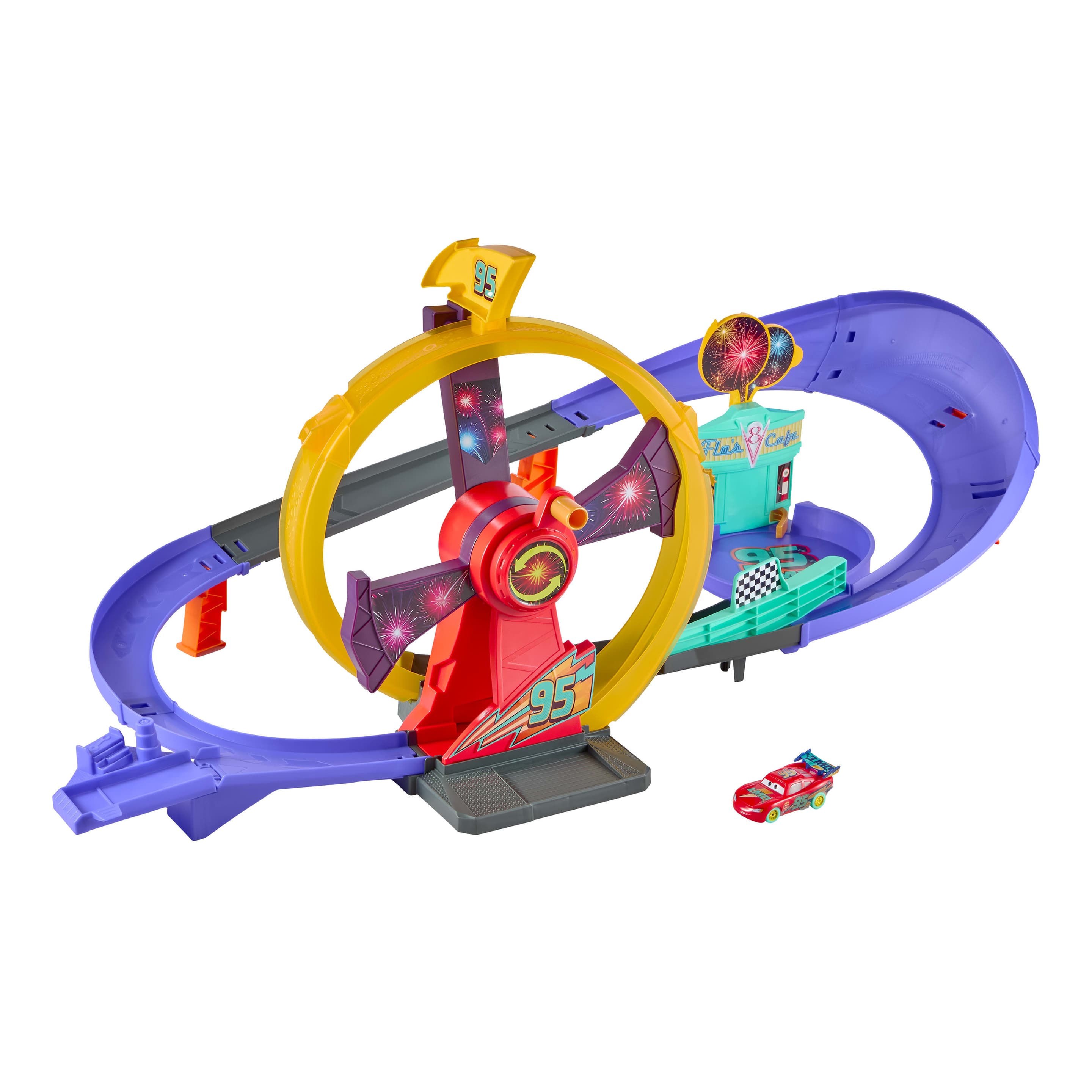 Disney Pixar Cars Rennen zur Feier von Lightning McQueen, Rennstrecke-Spielset zum Feiern mit Spielzeugauto