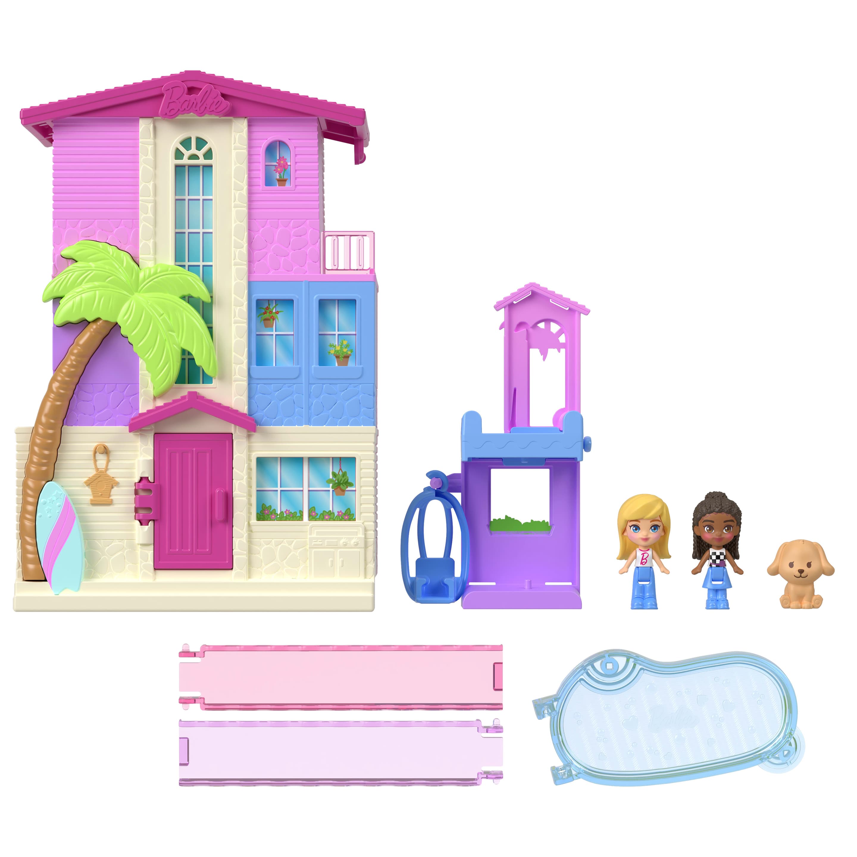 Polly Pocket Traumvilla-Schatulle, Spielset mit Barbie- und Brooklyn-Minipuppen, Hündchen, Pool und Zubehör