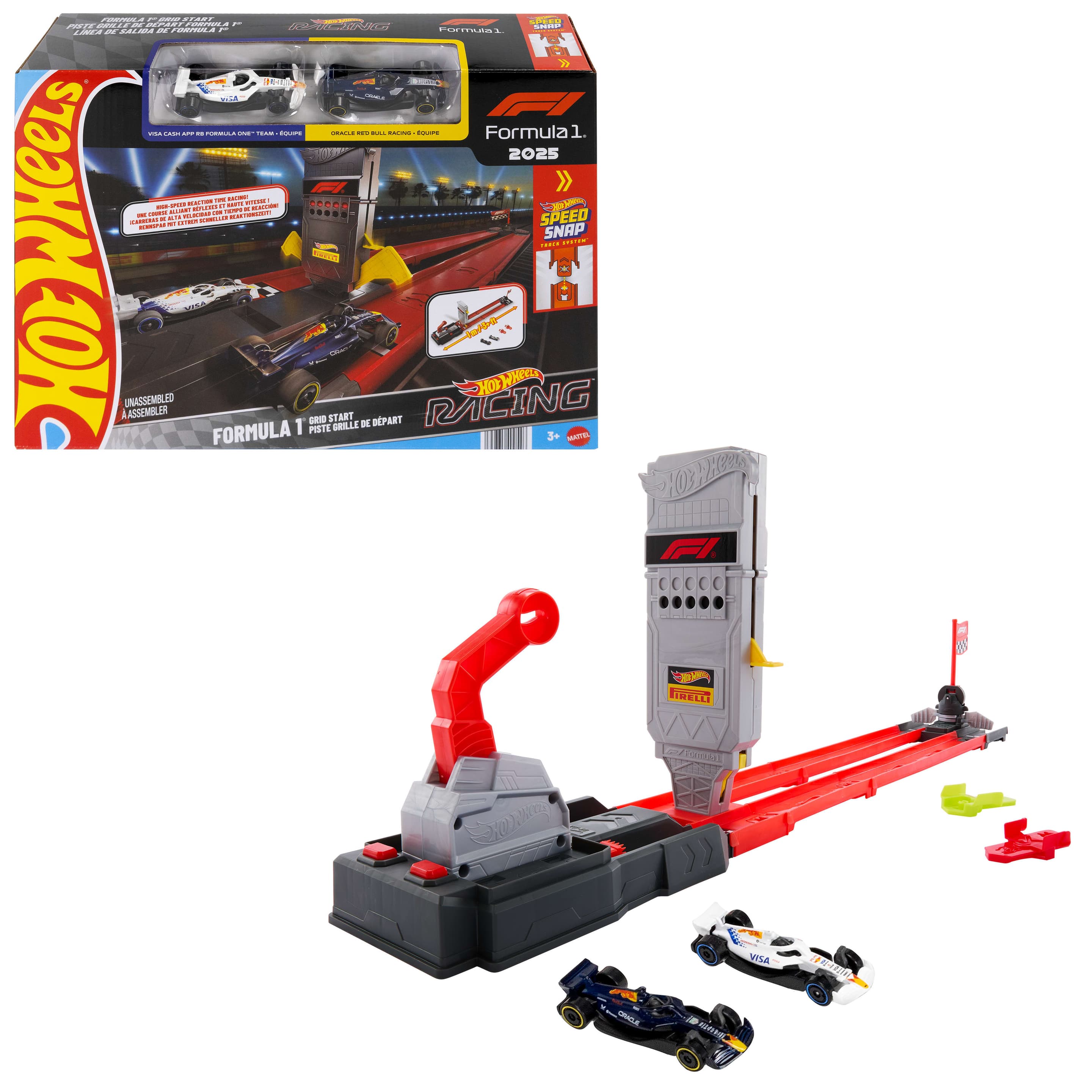 Hot Wheels Racing Formel-1-Startaufstellung-Trackset mit 2 Die-Cast-F1-Autos im Maßstab 1:64