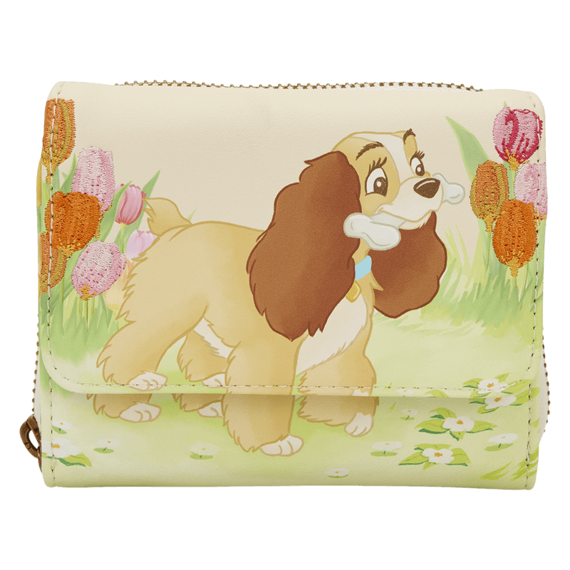 Loungefly Disney Lady and the Tramp Pastel Tulip Trifold Wallet – bestickt, Frühlingstulpen, 4 Kartenfächer