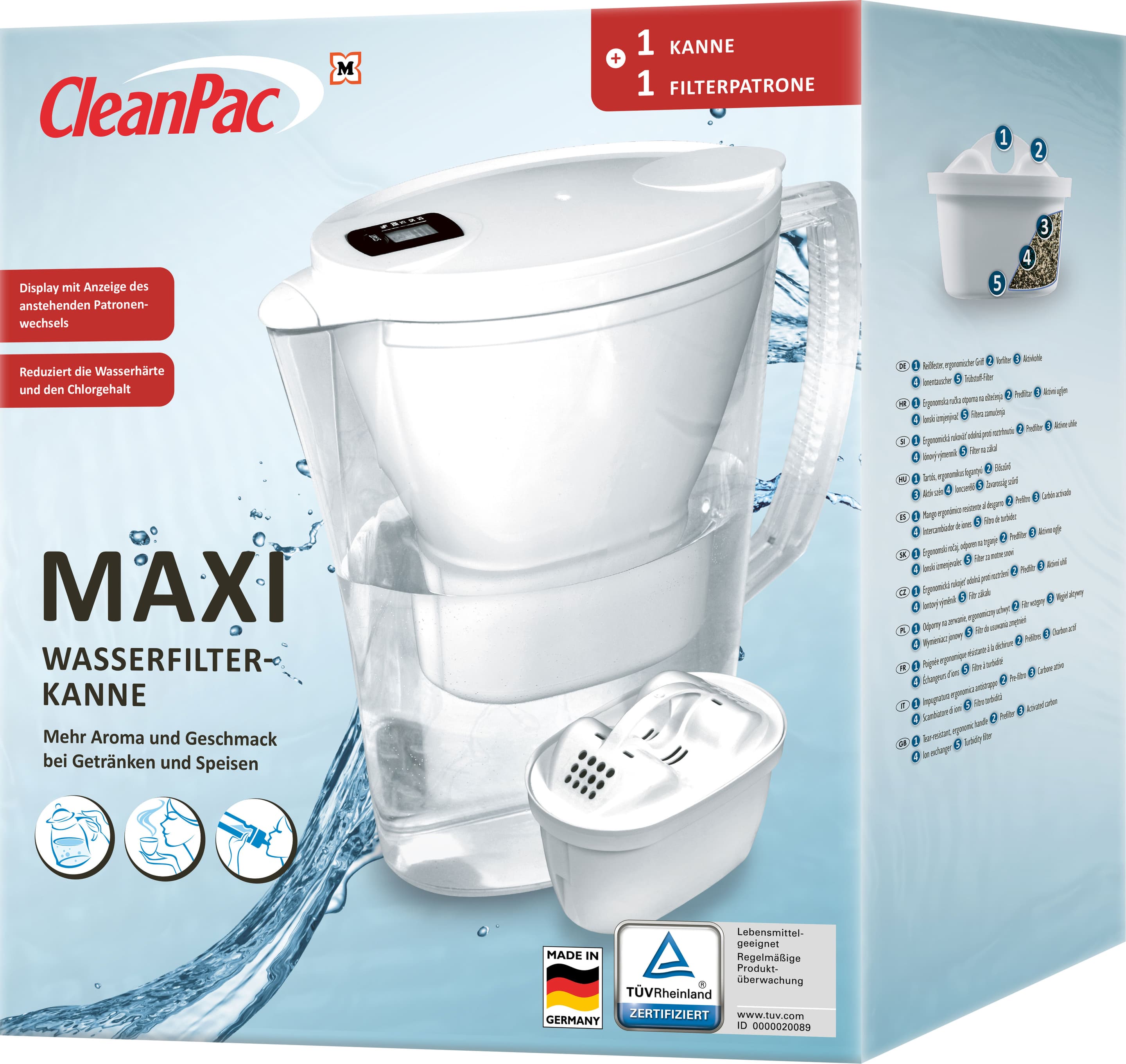 CleanPac Maxi Wasserfilterkanne + 1 Filterpatrone