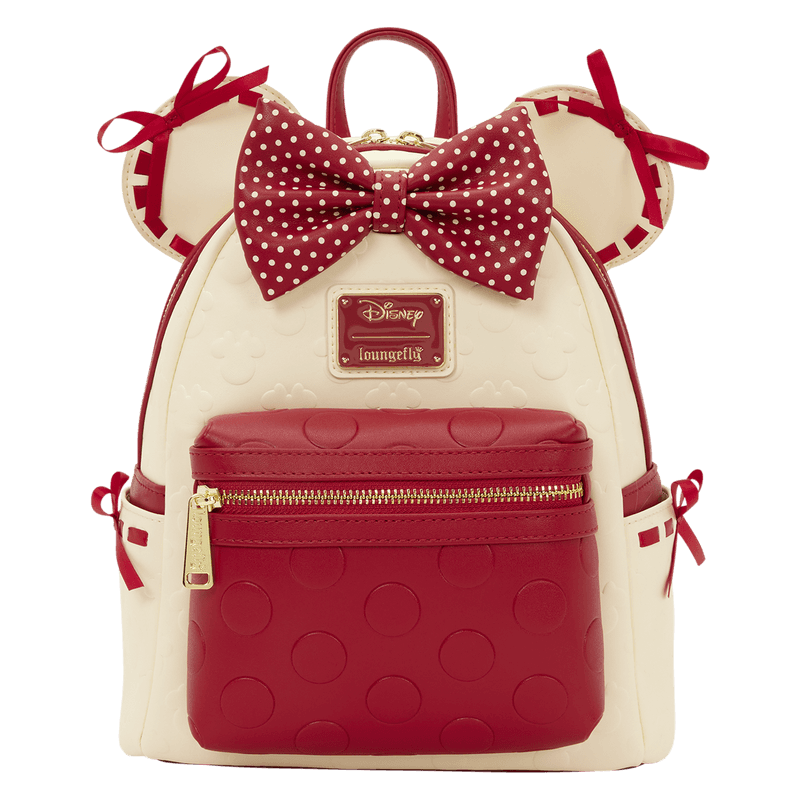 Loungefly Disney Minnie Mouse Rock the Dots Coquette Mini Backpack – creme/rot mit 3D‑Bow & Satin-Details