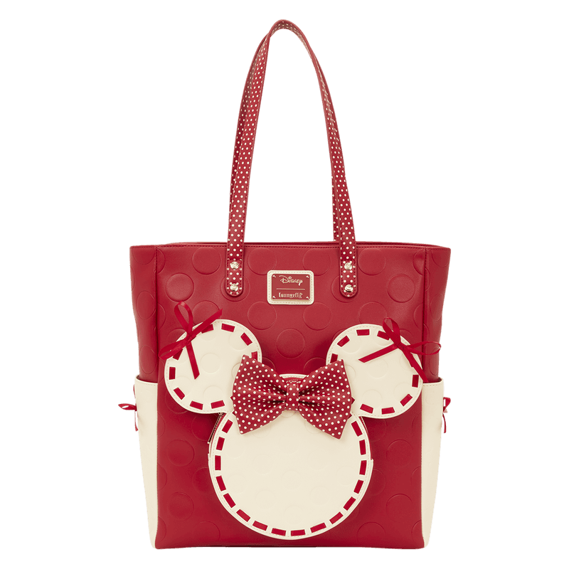 Loungefly Disney Minnie Mouse Rock the Dots Coquette Tote Bag – rot/creme mit 3D-Schleife & Satin-Details