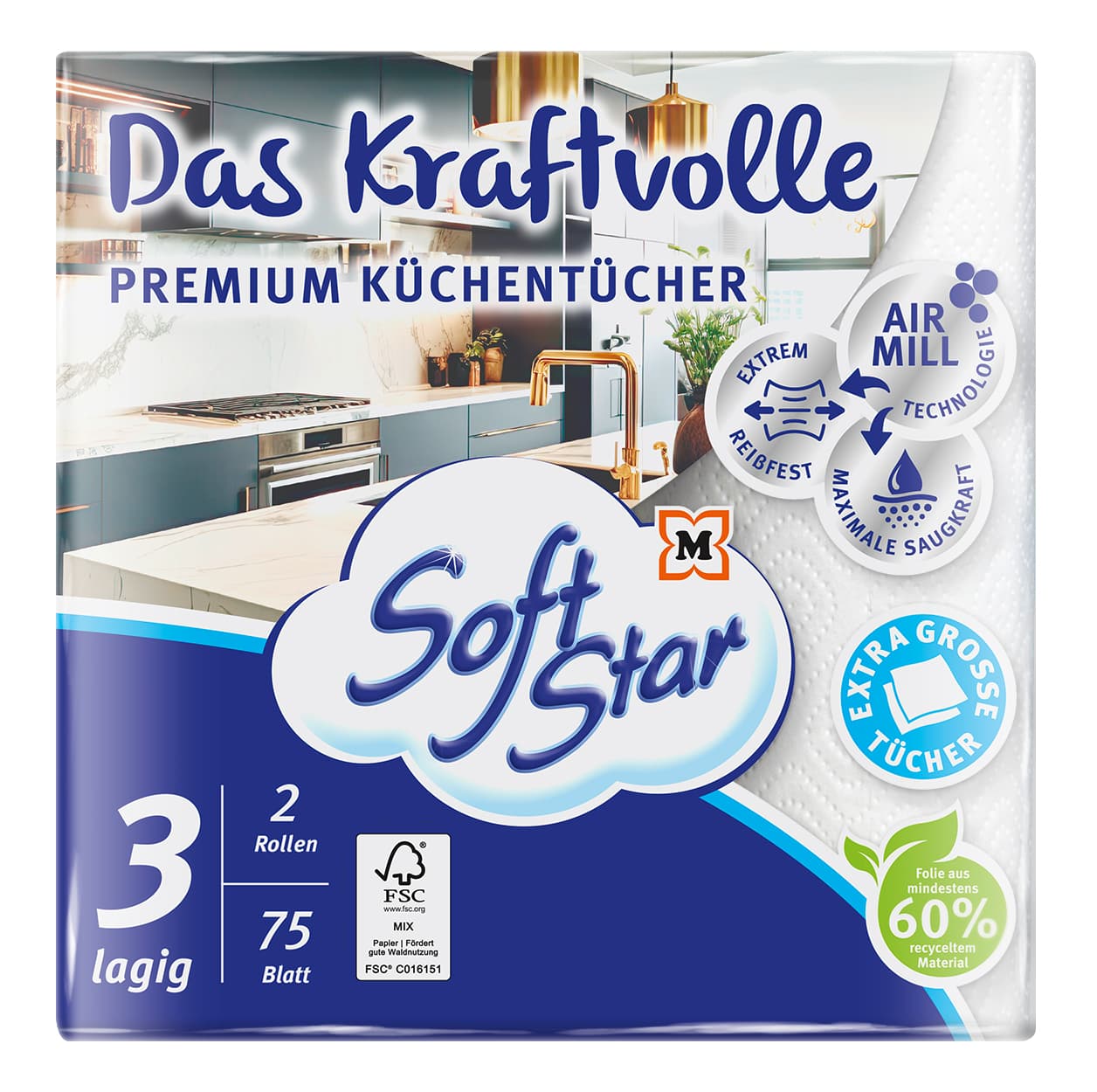 SoftStar Küchentücher Das Kraftvolle Premium 3-lagig 2x75 Stück