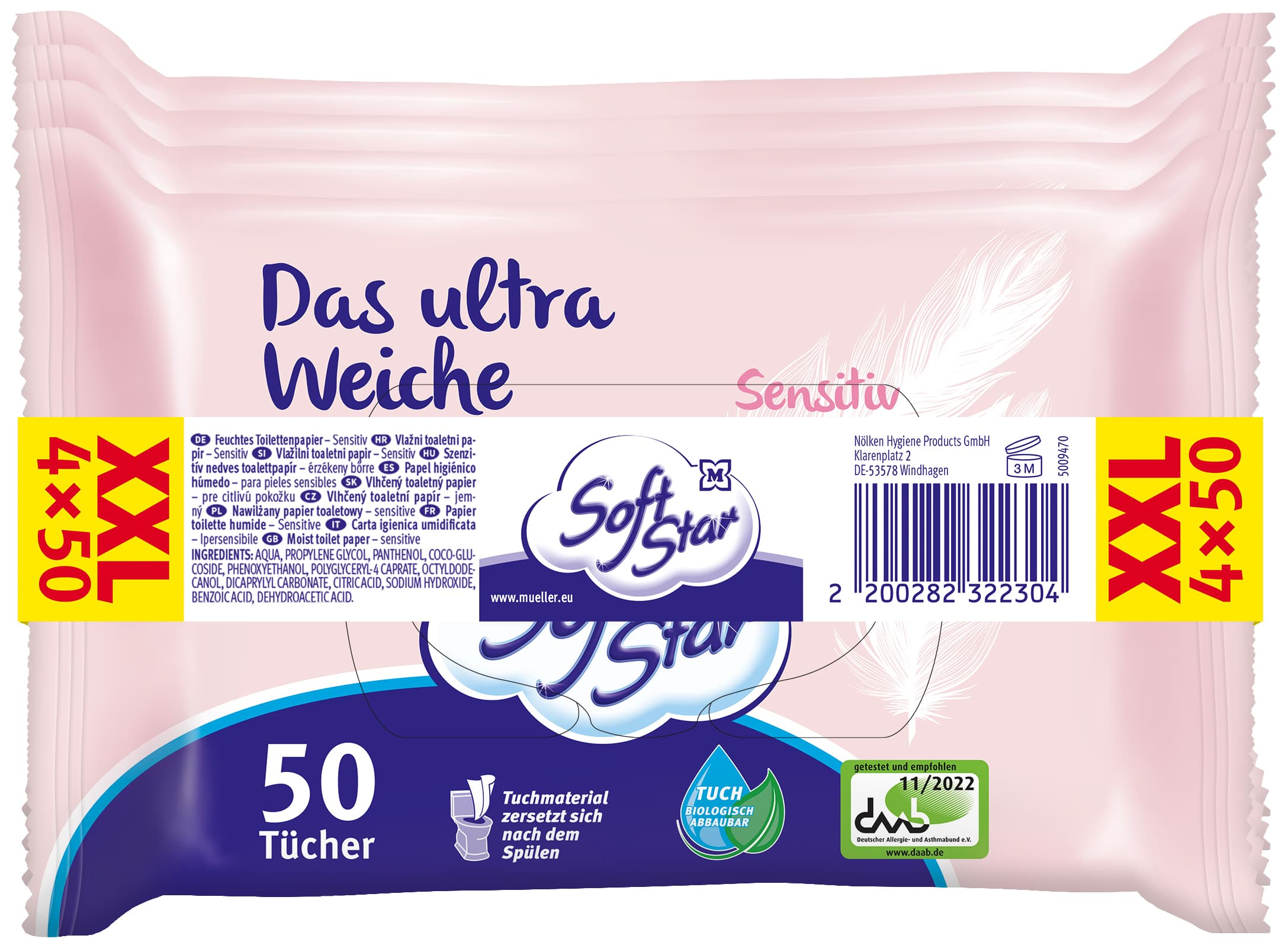 SoftStar Feuchtes Toilettenpapier Das Ultra Weiche Sensitive 4x50 Stück