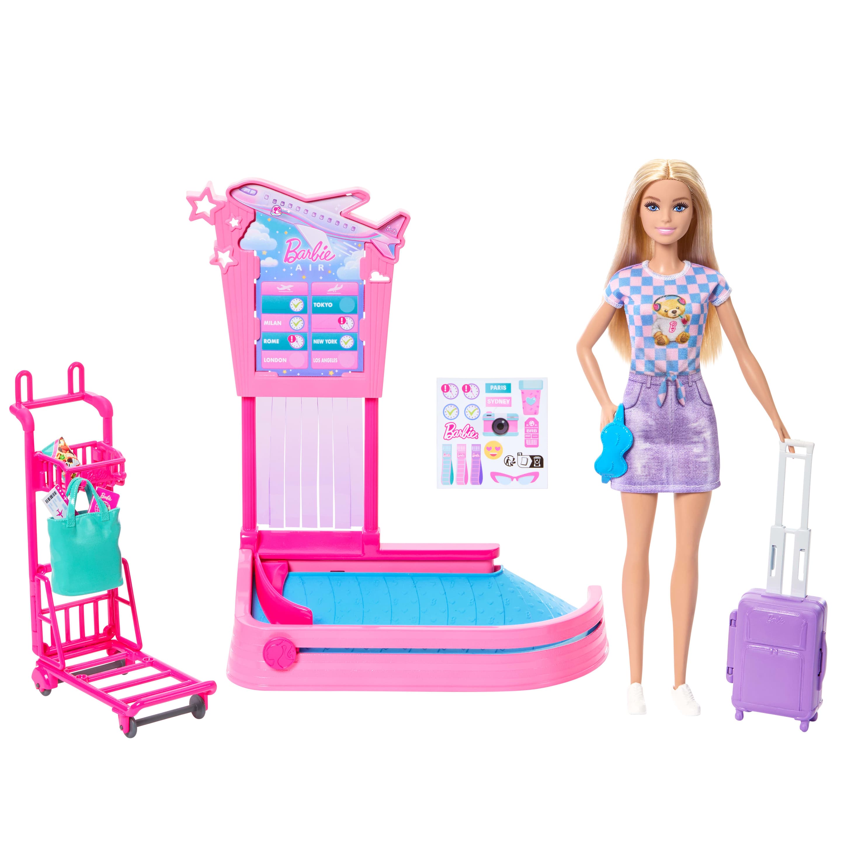 Barbie „Malibu“ Reise-Puppe, Gepäckausgabe-Spielset und Zubehör