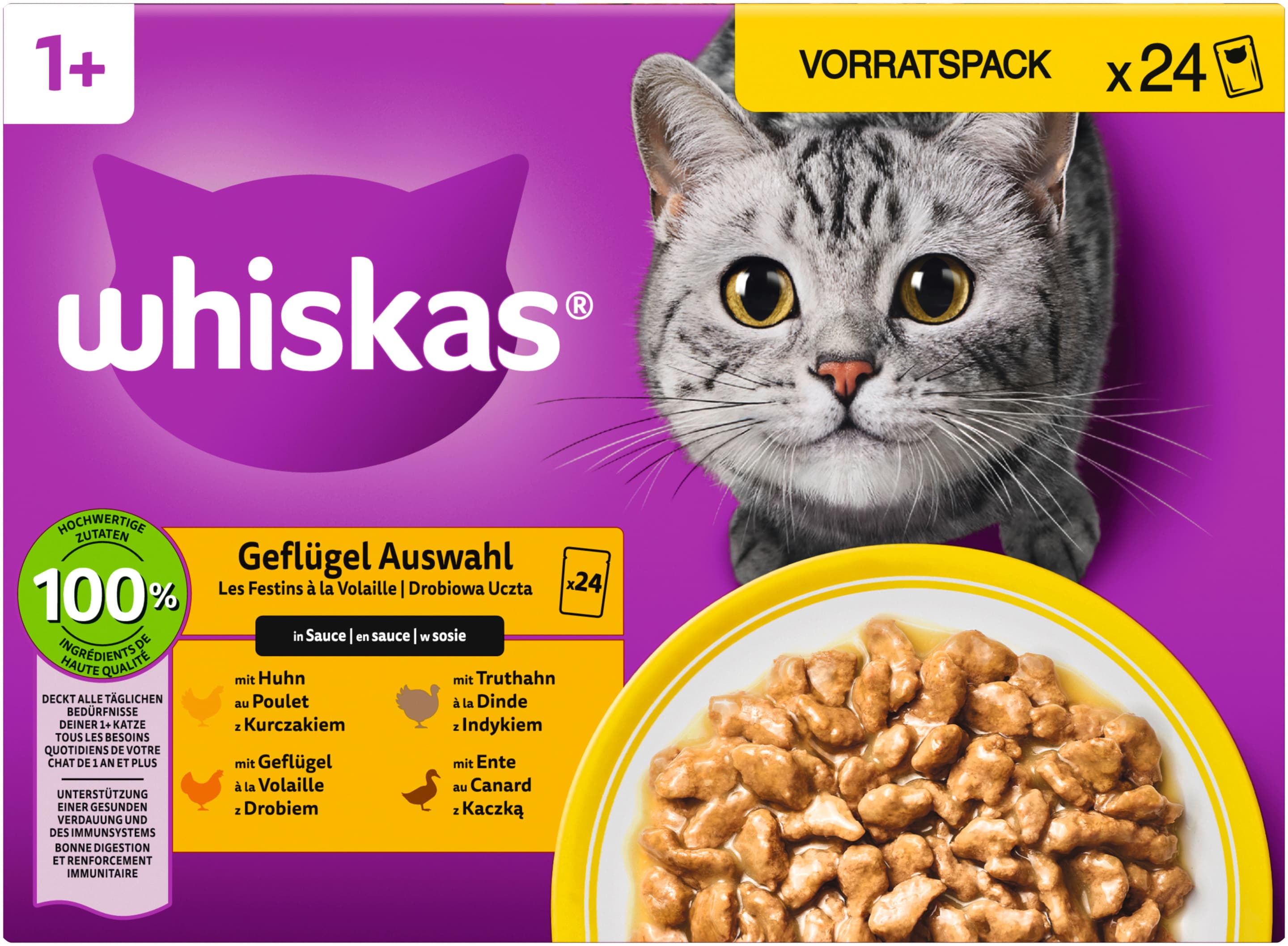Whiskas® Portionsbeutel Vorratspack 1+ Geflügel Auswahl in Sauce Katzennassfutter 24x85g