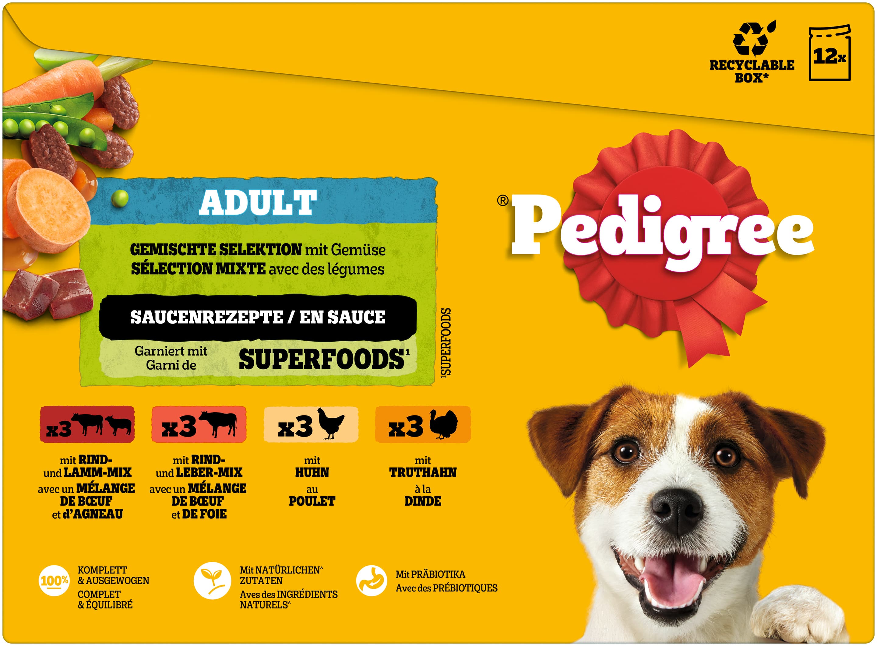 PEDIGREE® Multipack Selección Mixta con Potitos de verduras - Vacuno de Carne de Res y Cordero, Mezcla de Vacuno e Hígado,