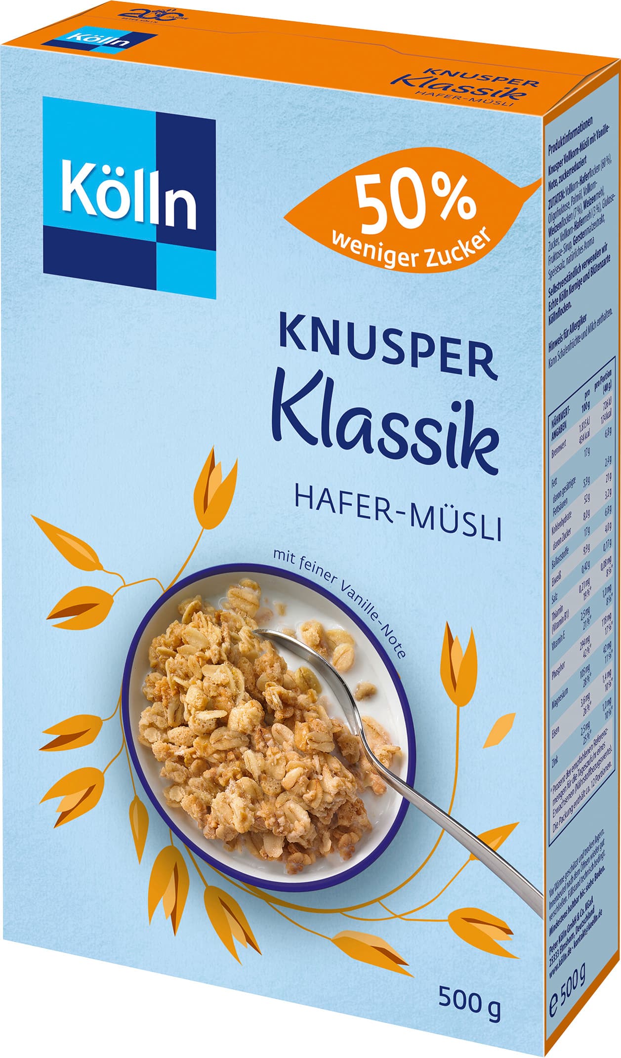 Kölln Knusper Klassik Hafer-Müsli 50% weniger Zucker 500g mit feiner Vanille-Note