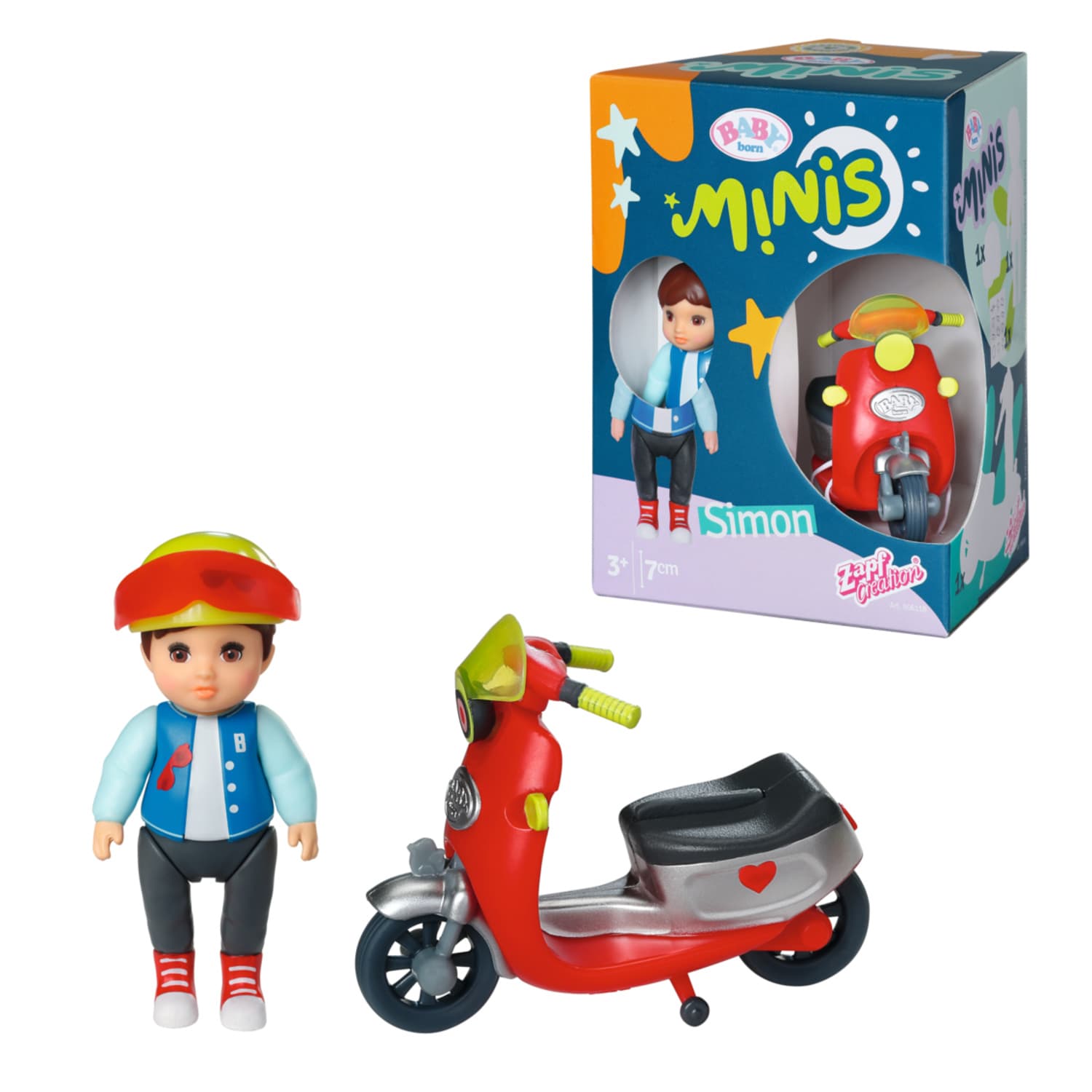 BABY born Minis - Playset Scooter, 7 cm große Puppe Simon mit Roller und Helm, 906118, Zapf Creation