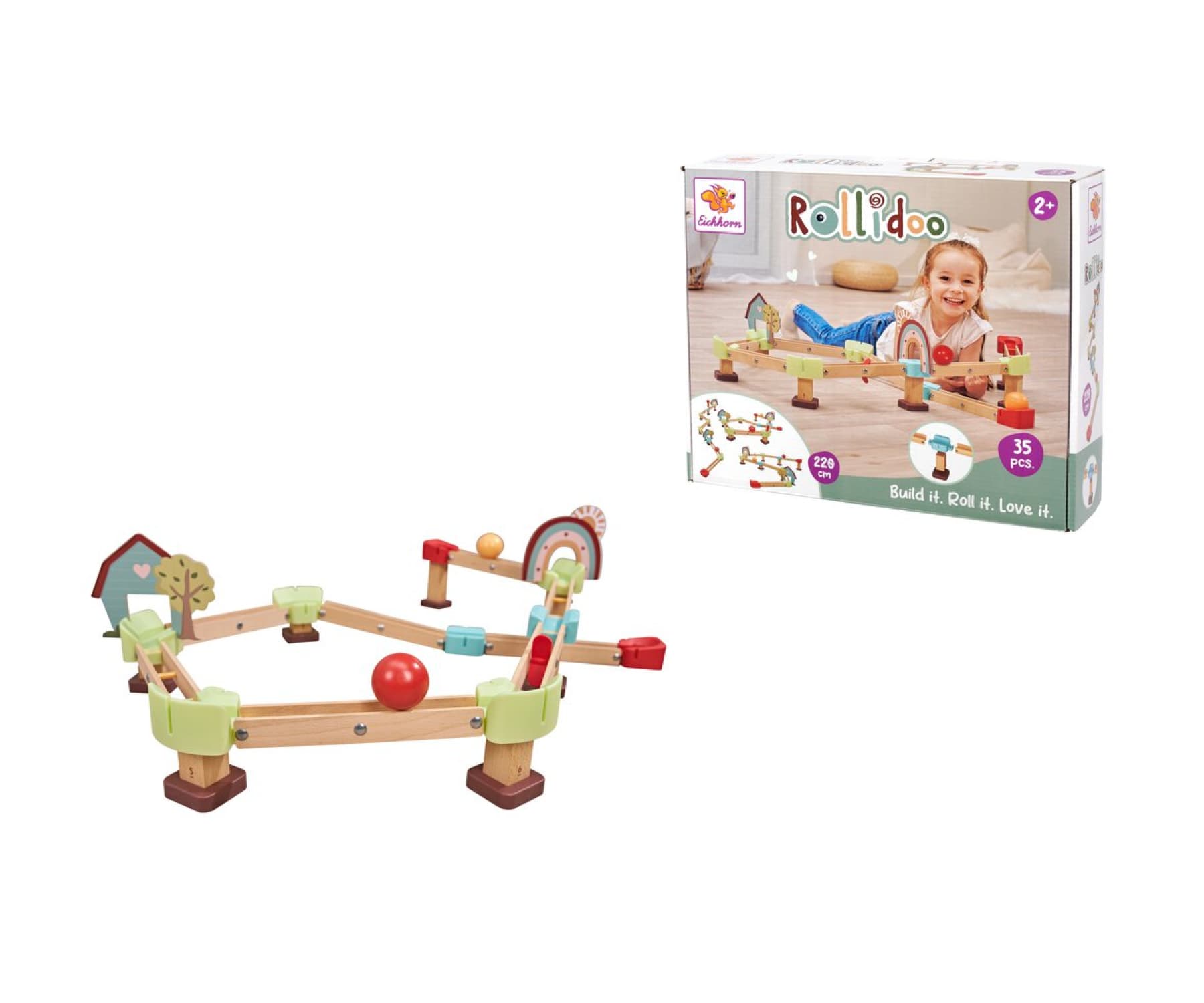 Eichhorn - Rollidoo Set 35 Teile - Kugelbahn aus Holz mit 2 Kugeln