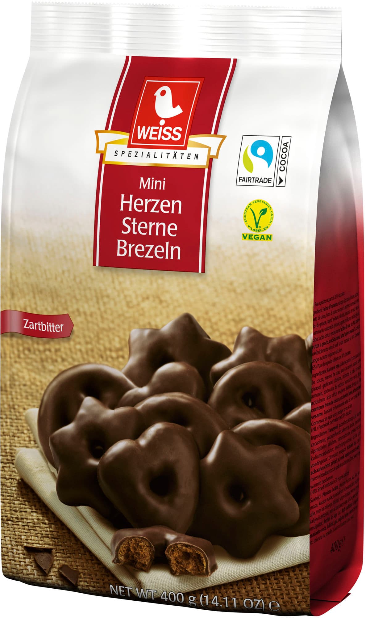 WEISS Mini Herzen Sterne Brezeln mit Zartbitterschokolade