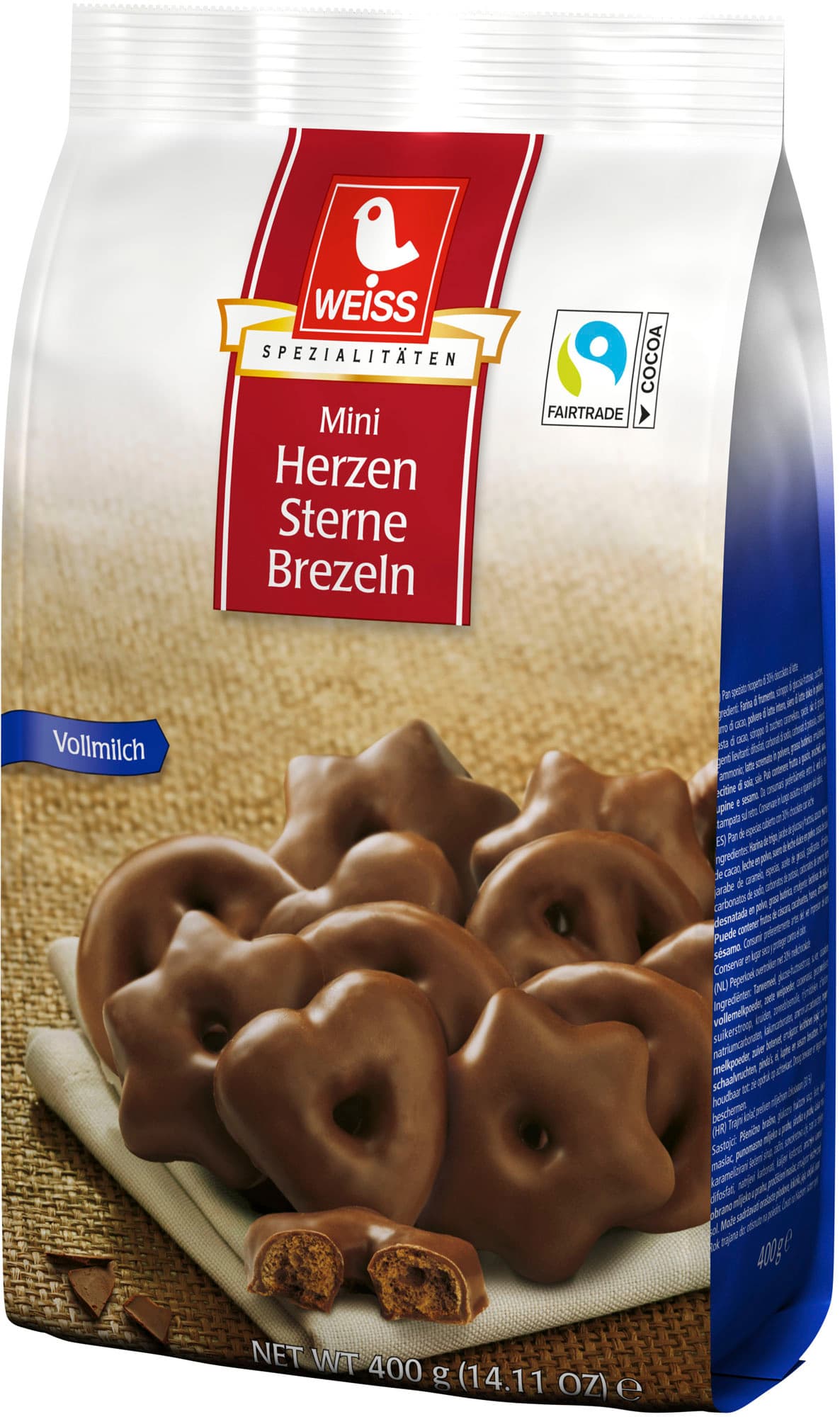 WEISS Mini Herzen Sterne Brezeln mit Vollmilchschokolade
