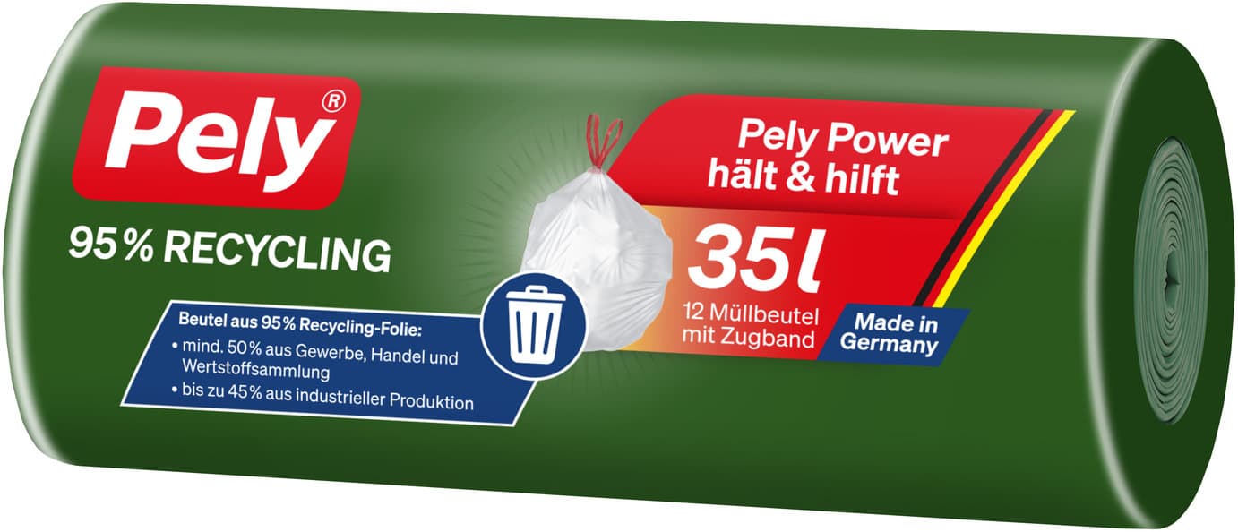 Pely Power 95% Recycling Müllbeutel mit Zugband 35 Liter