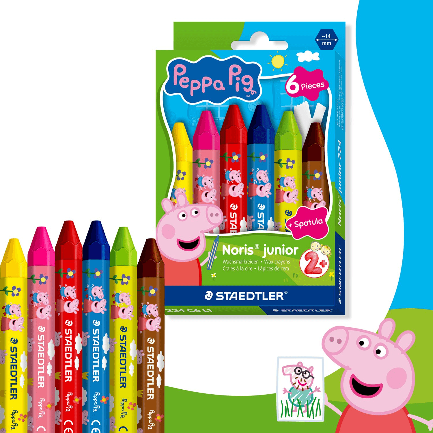 STAEDTLER Noris junior Peppa Pig Wachsmalkreiden, 6 Farben inkl. Schaber