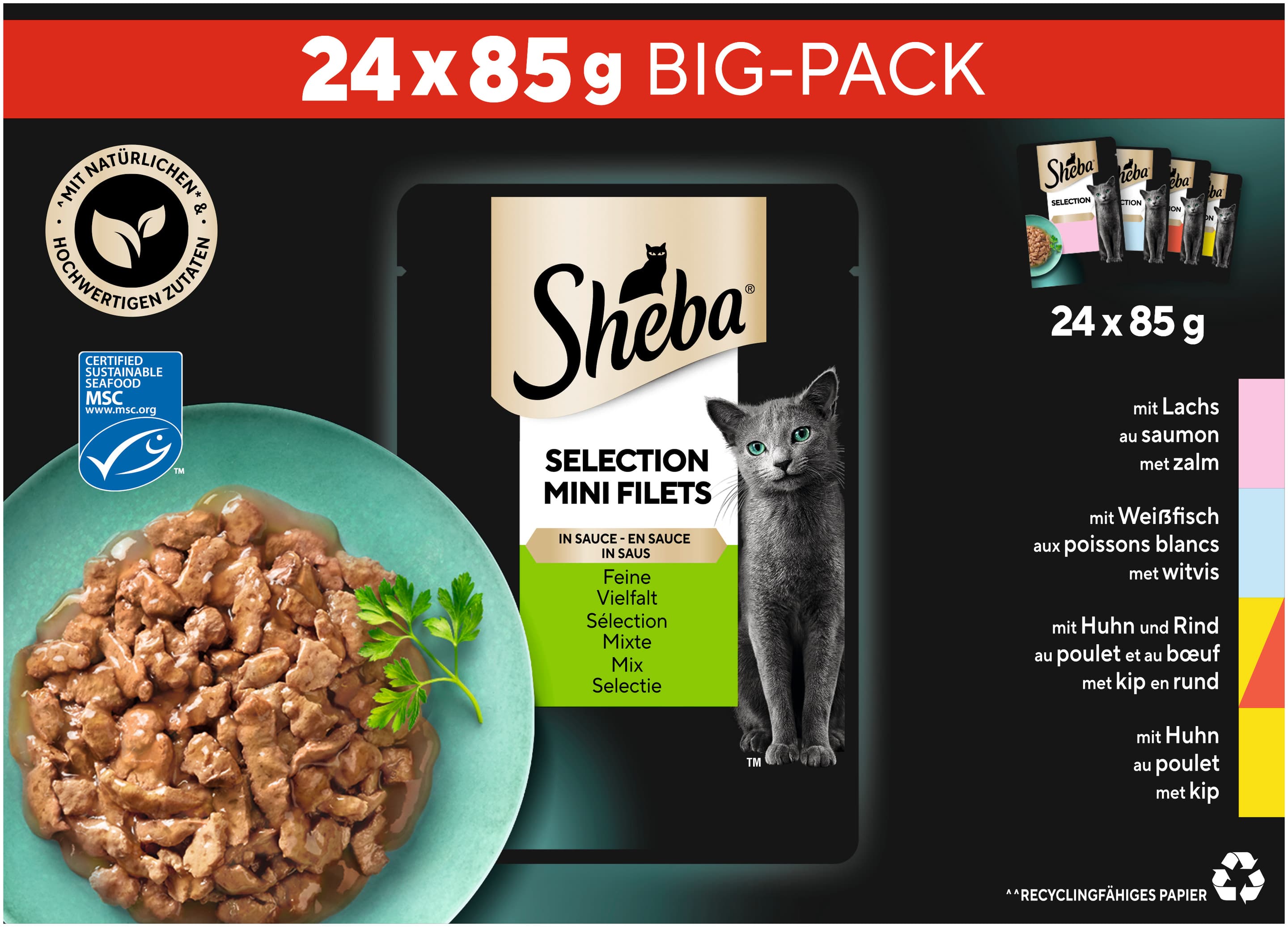SHEBA® Selection Multipack Feine Vielfalt Lachs, Weißfisch, Huhn & Rind, Huhn in Sauce