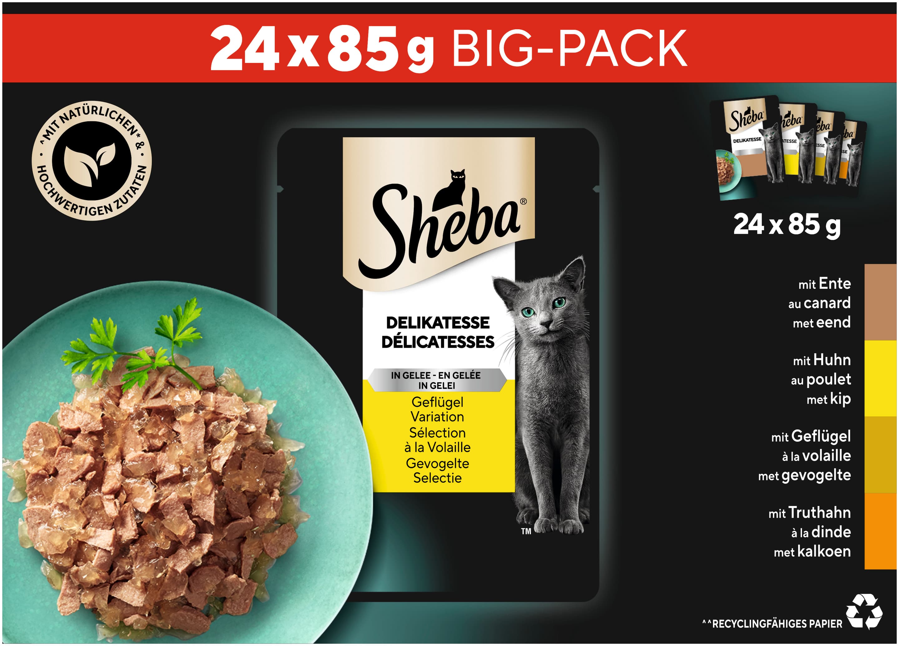 SHEBA® Delikatesse Multipack Geflügel Variation 4 Varietäten Ente, Huhn, Geflügel, Truthahn in Gelee