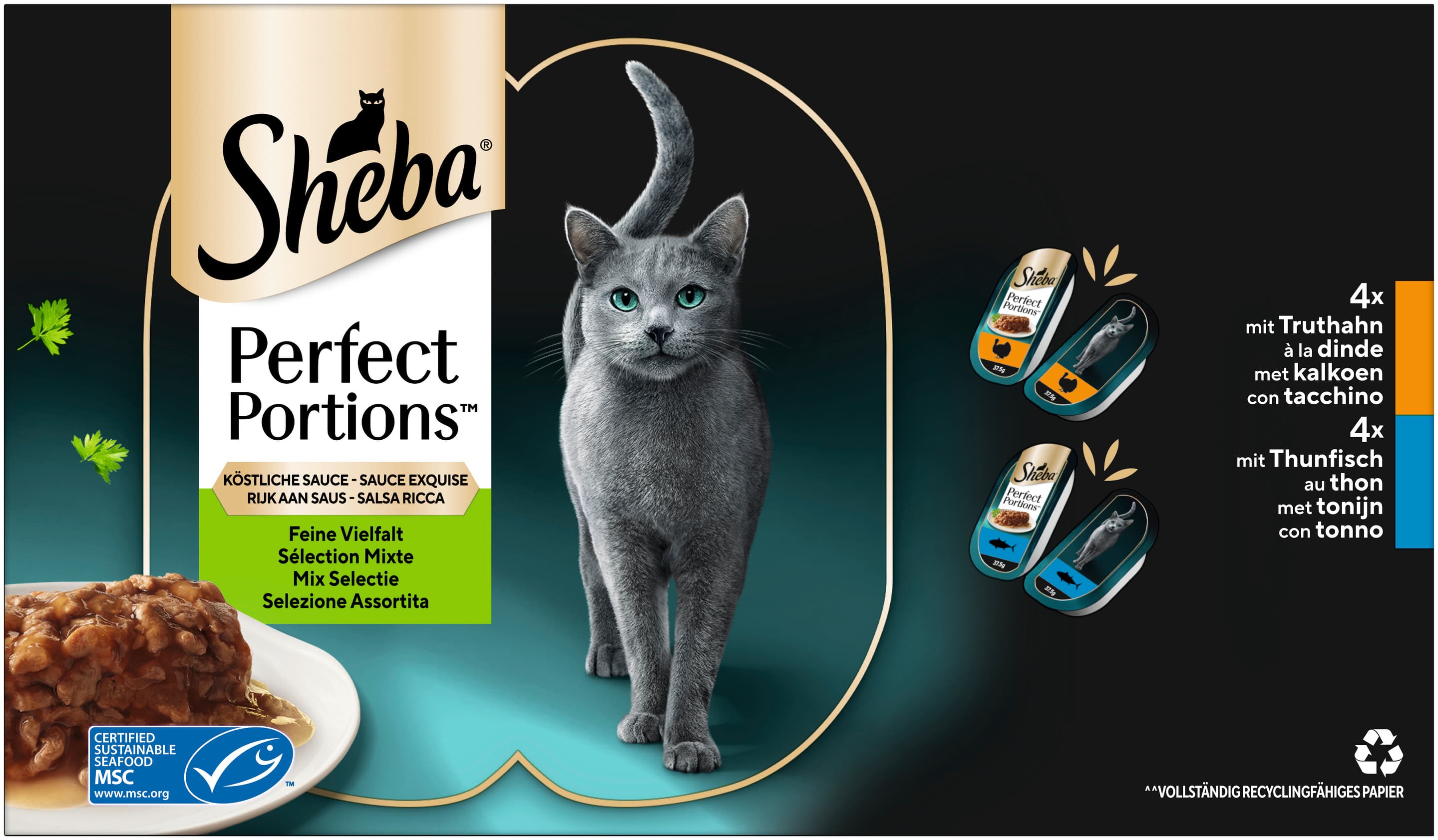 SHEBA® PERFECT PORTIONS™ Multipack Feine Vielfalt Truthahn & Thunfisch in Sauce MSC
