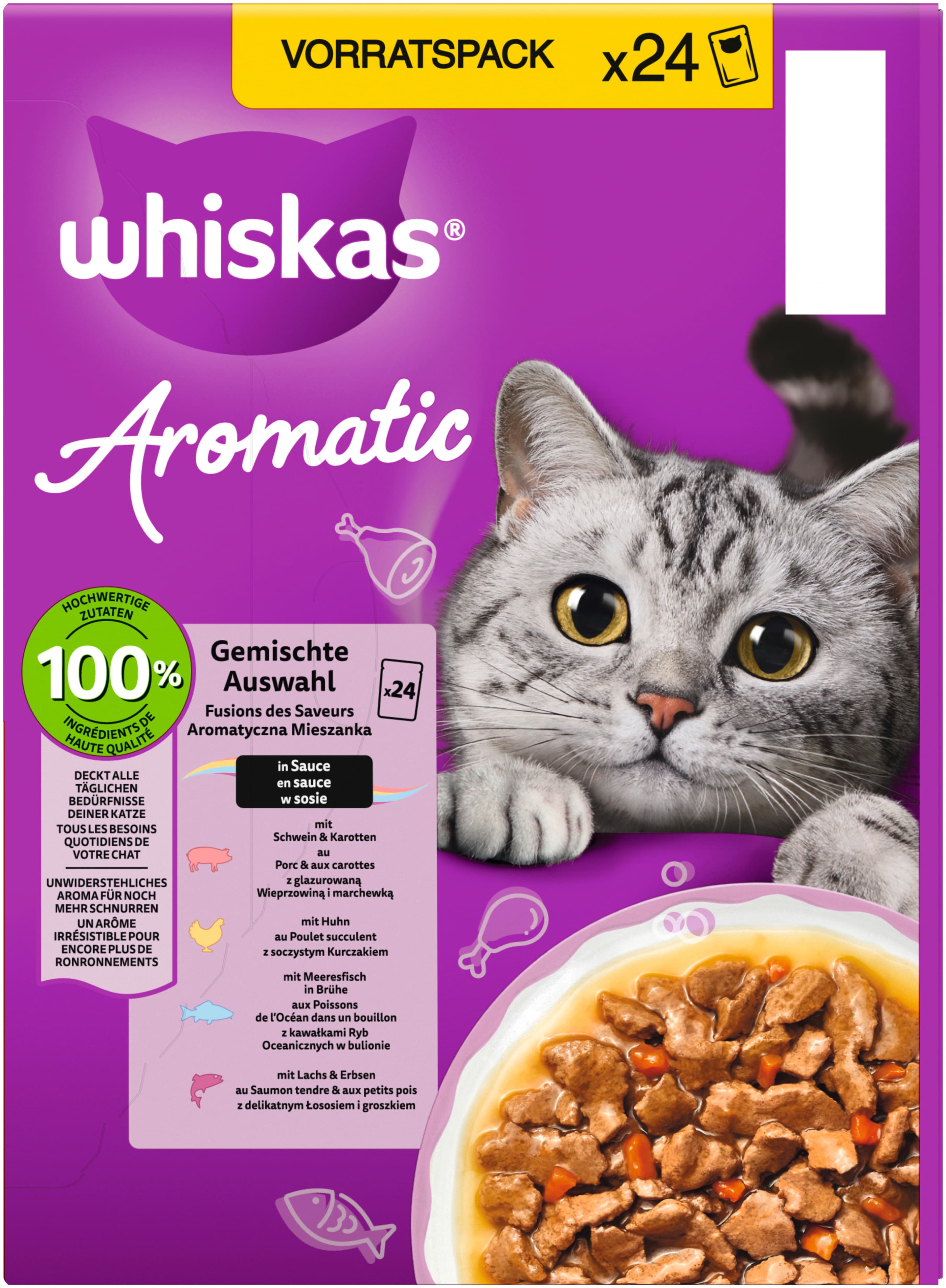 Whiskas Aromatic Selection Multipack Gemischte Auswahl 4 Varietäten Schwein, Huhn, Meeresfisch, Lachs in Sauce