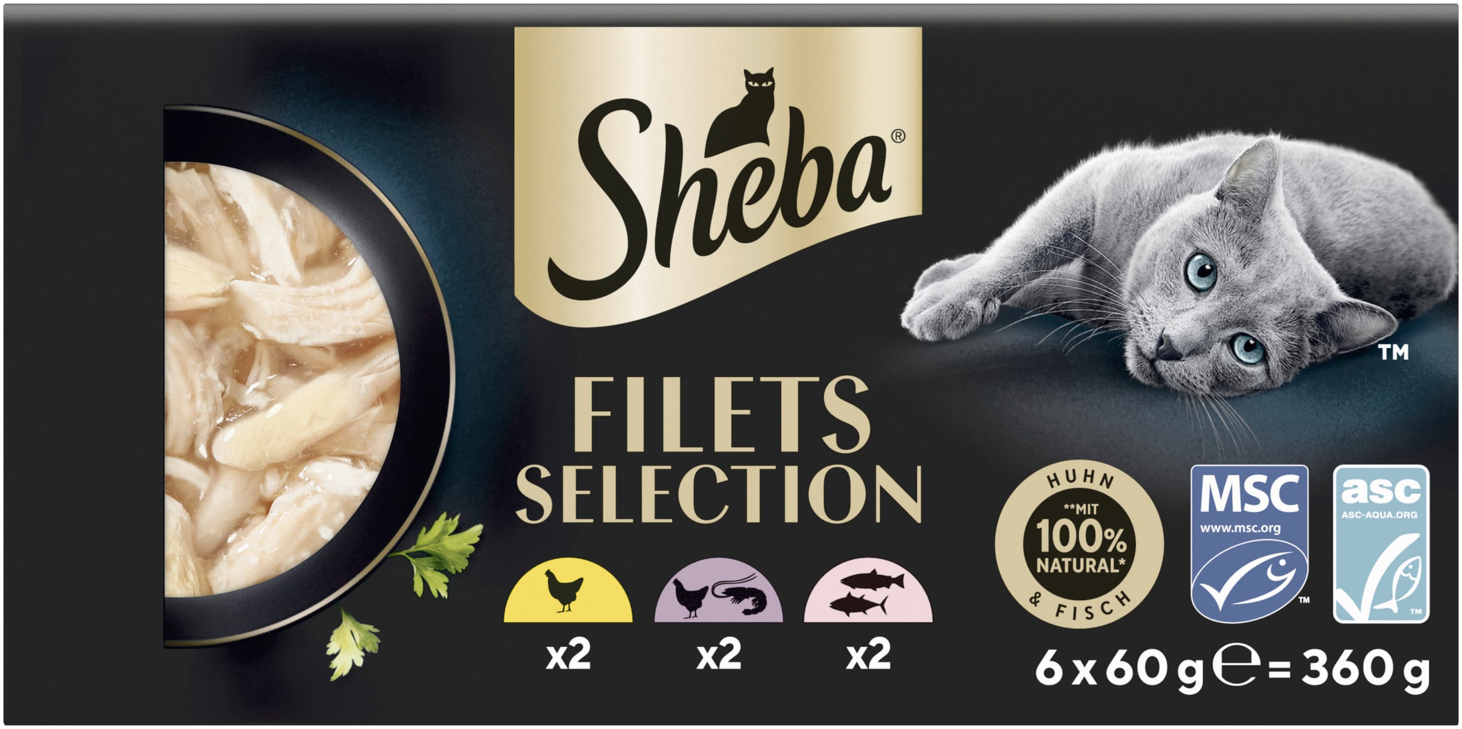 SHEBA® Filets Selection Multipack Huhn, Huhn & Garnelen & Meeresfisch, Lachs & Thunfisch in Sauce ASC MSC