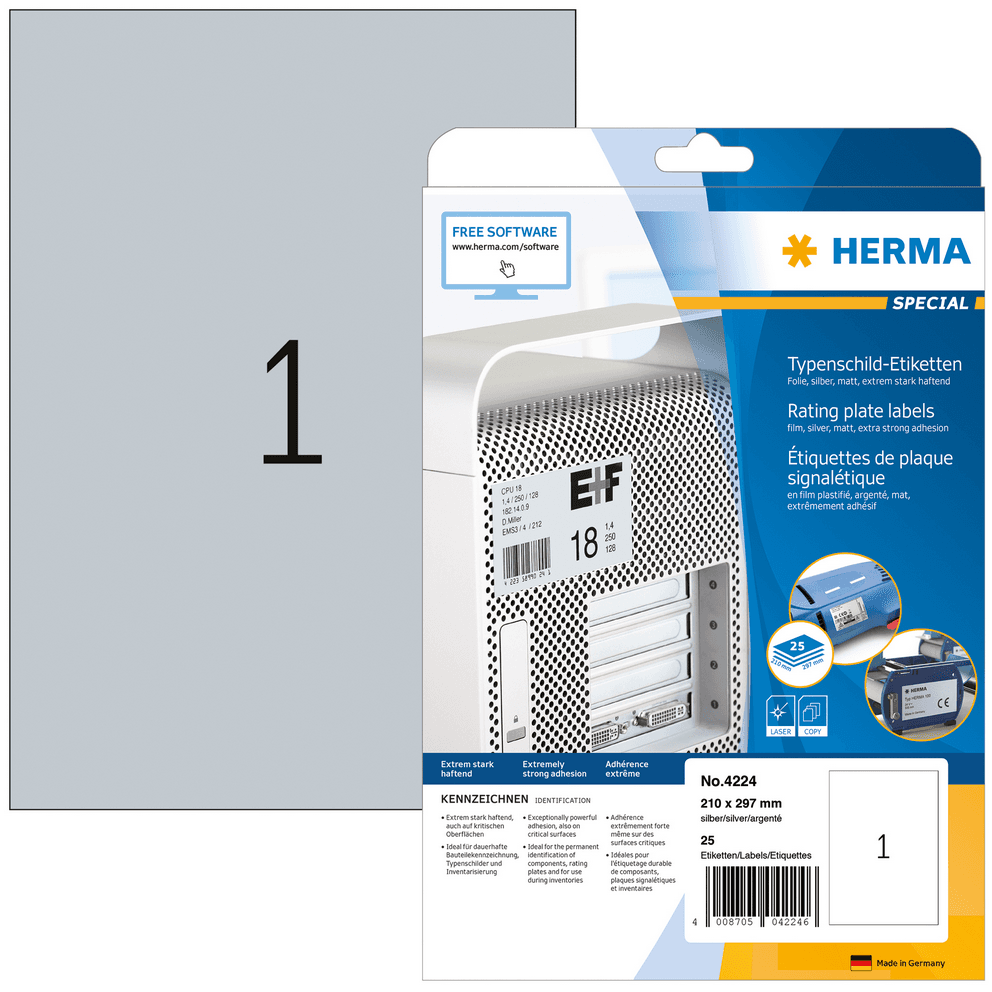 HERMA Typenschild-Etiketten silber A4 210x297mm extrem stark haftend wetterfest