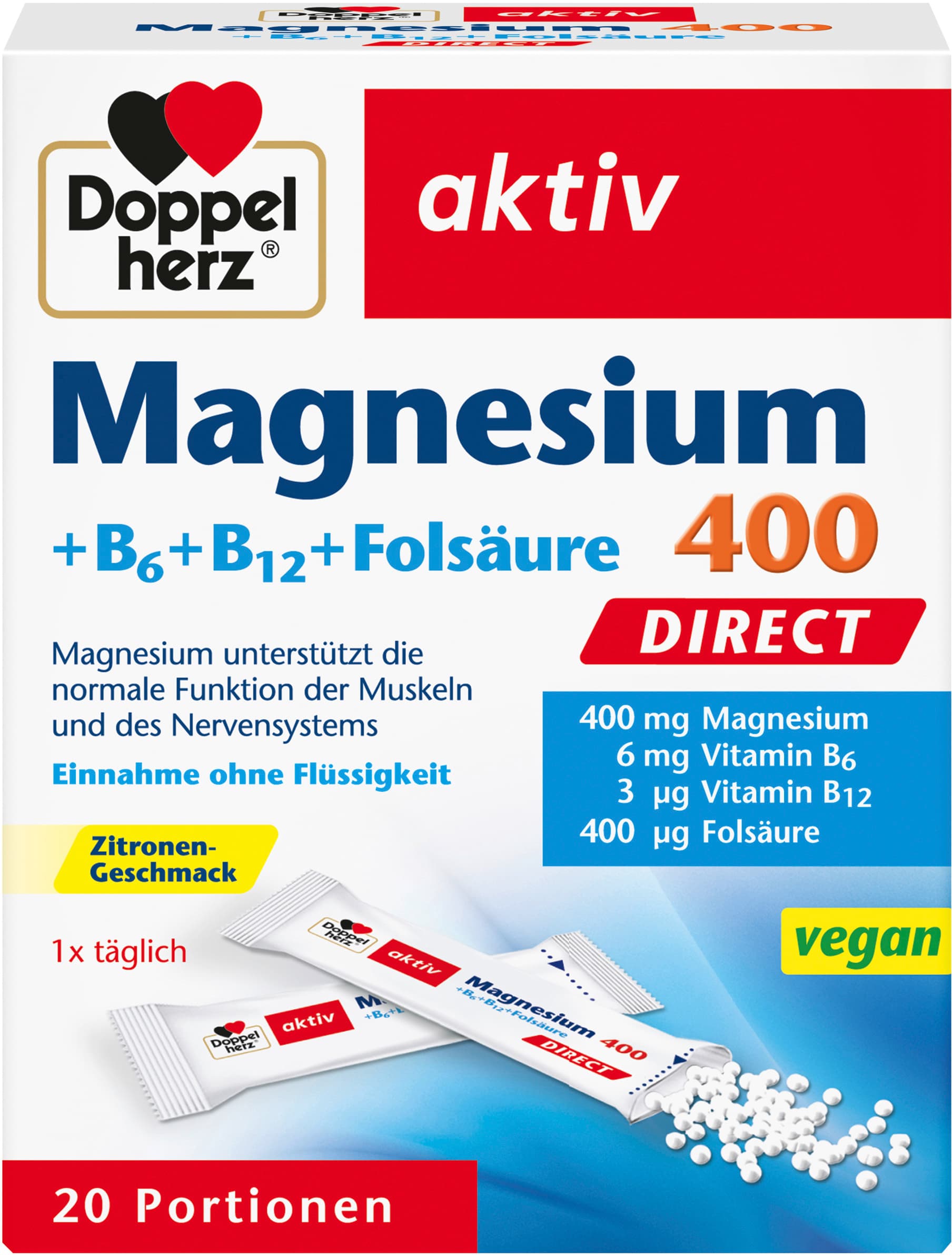 Doppelherz Magnesium 400 + B6 + B12 + Folsäure Direct