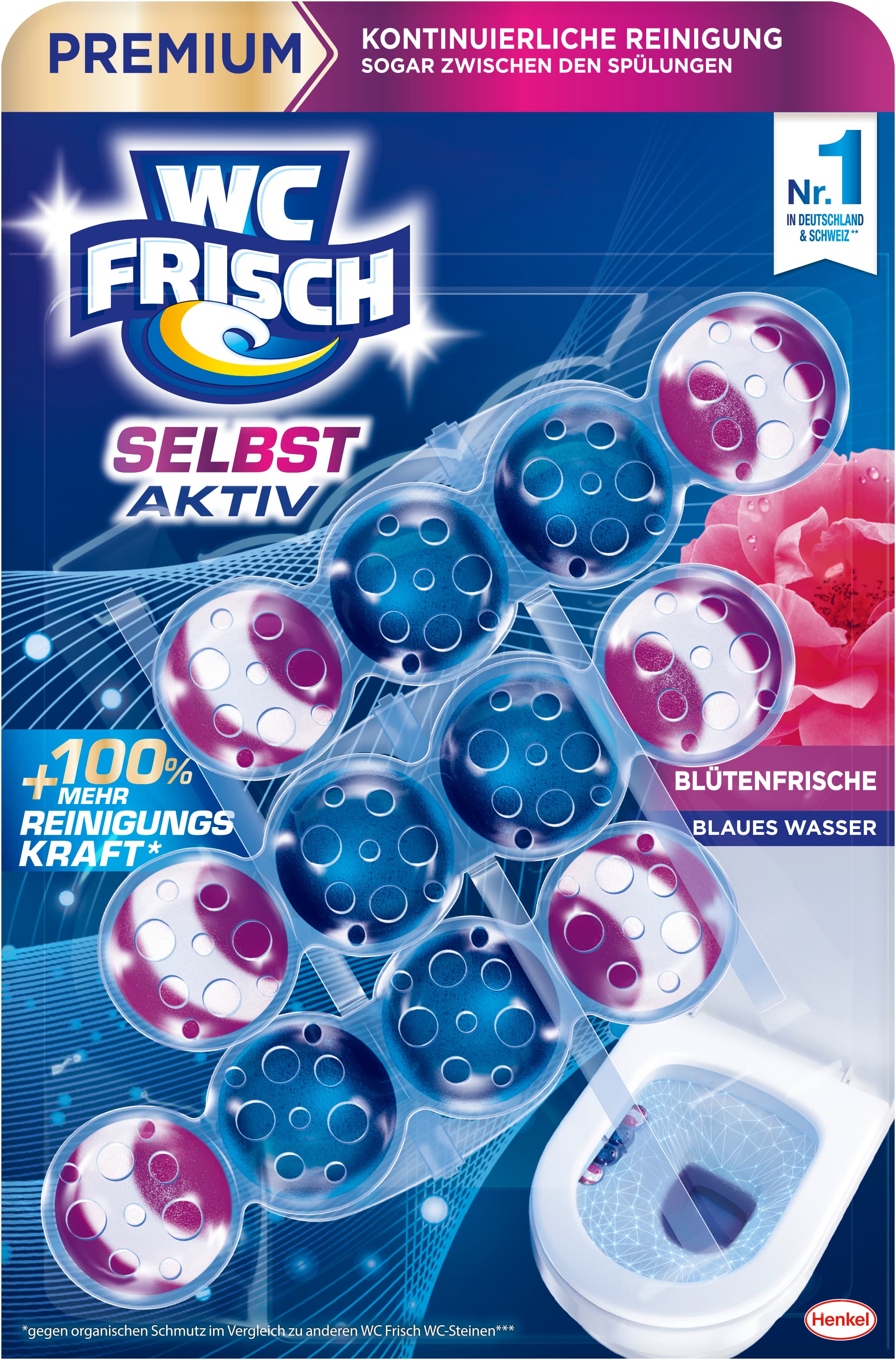 WC FRISCH Selbst Aktiv Blütenfrische – Blauspüler mit 4-Funktionen-Formel