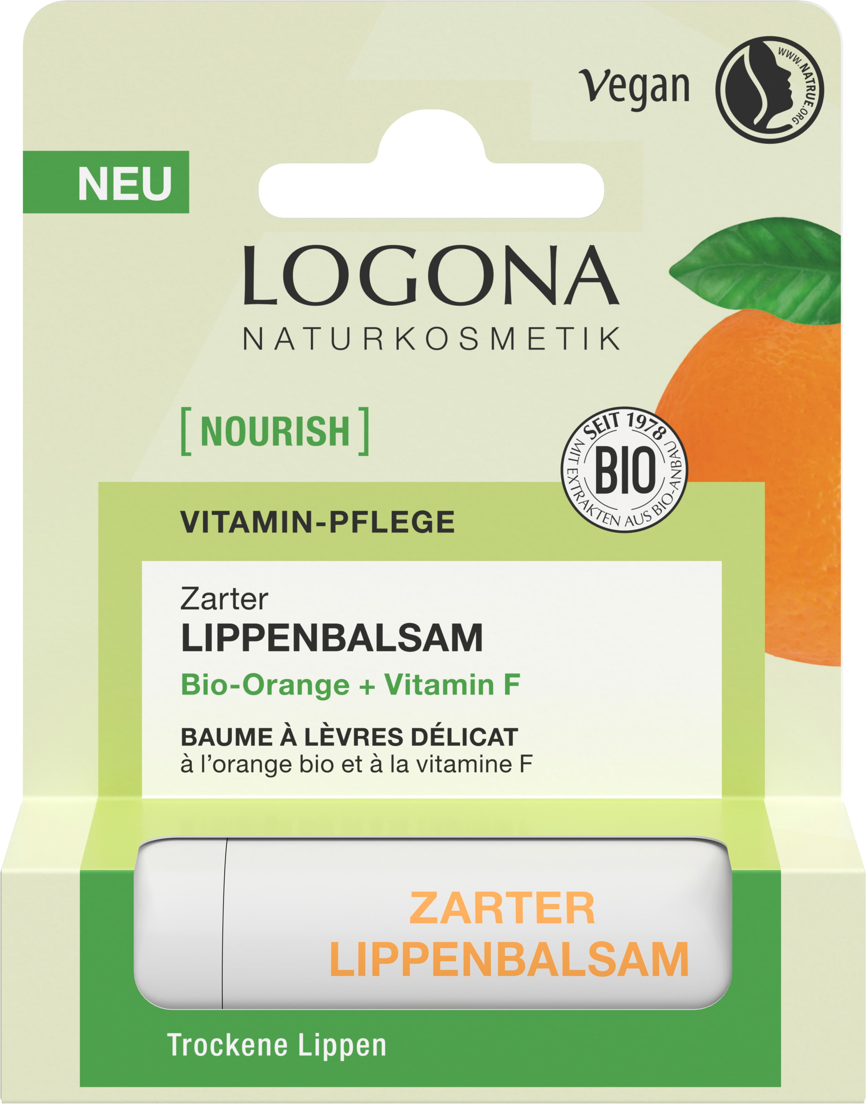 Jemný balzam na pery NOURISH s organickým pomarančom a vitamínom F